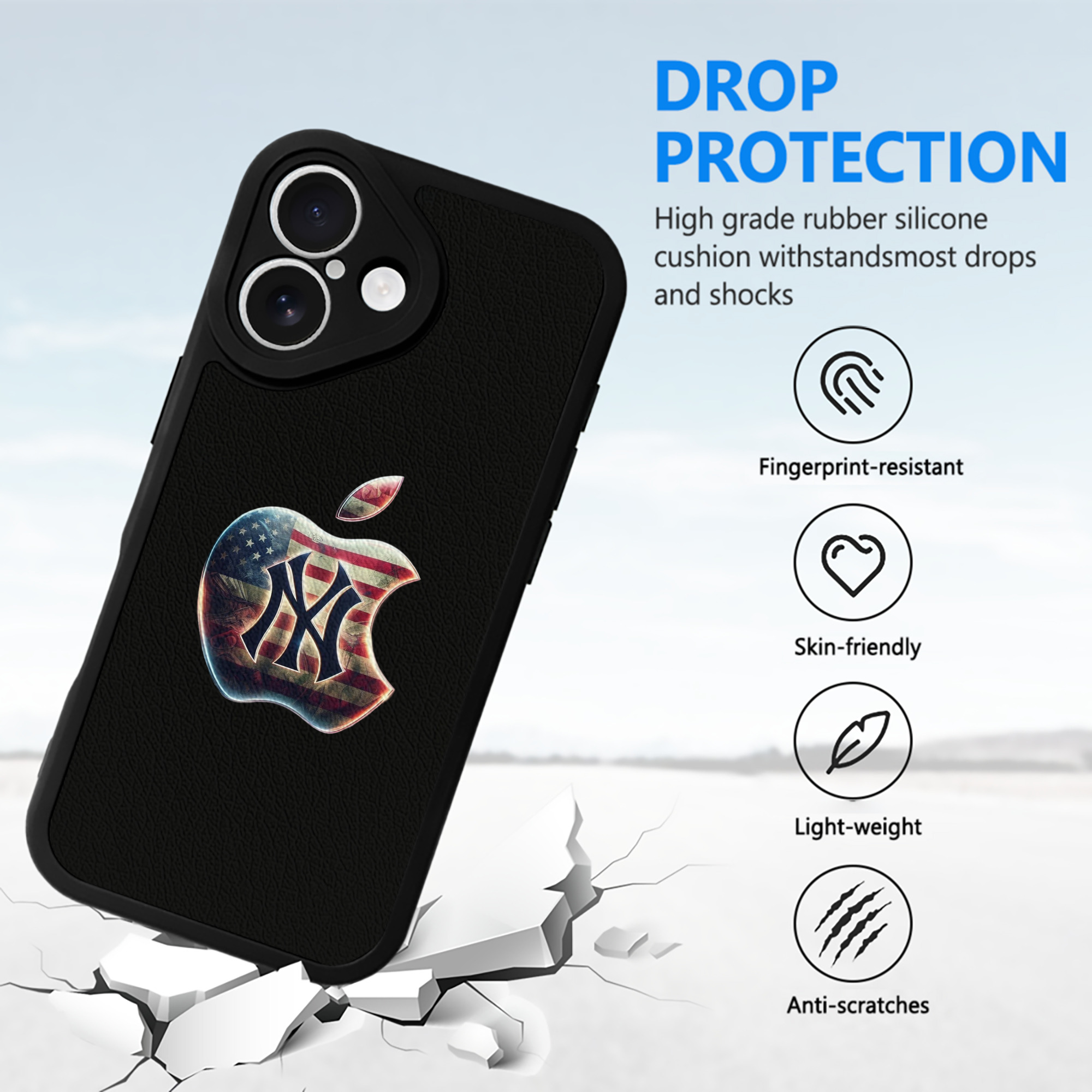 New York Yankees Apple US Flag IPhone 16 Silicone Leather Case – UV Print, Lambskin Texture – Perfect Fit, Wireless Charging Compatible, Scratch Resistant, Precise Cutouts – Stylish Protection For IPhone 16