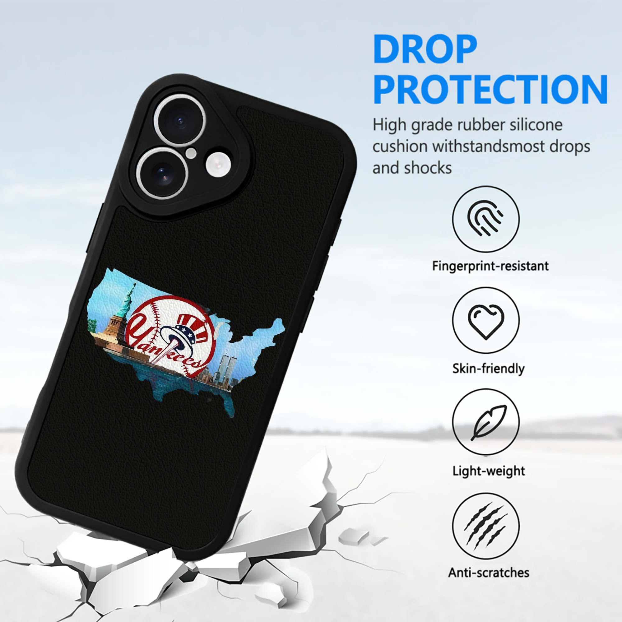 New York Yankees Whole USA IPhone 16 Silicone Leather Case – UV Print, Lambskin Texture – Perfect Fit, Wireless Charging Compatible, Scratch Resistant, Precise Cutouts – Stylish Protection For IPhone 16