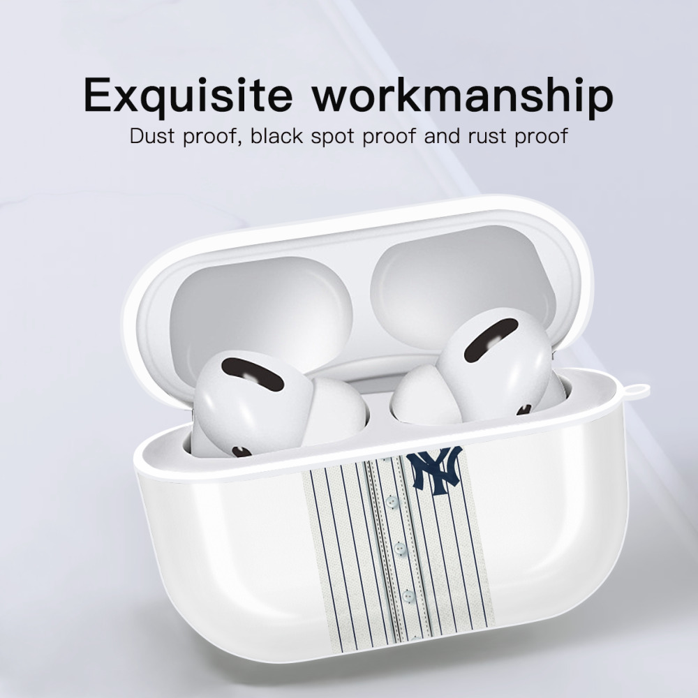New York Yankees Pinstripe Jersey Background AirPods Pro Hard Case White With Keychain, Durable Flexible PC, Precise Cutouts, Anti-Fingerprint, Yellowing & Scratch Resistant, Full Protection, Washable