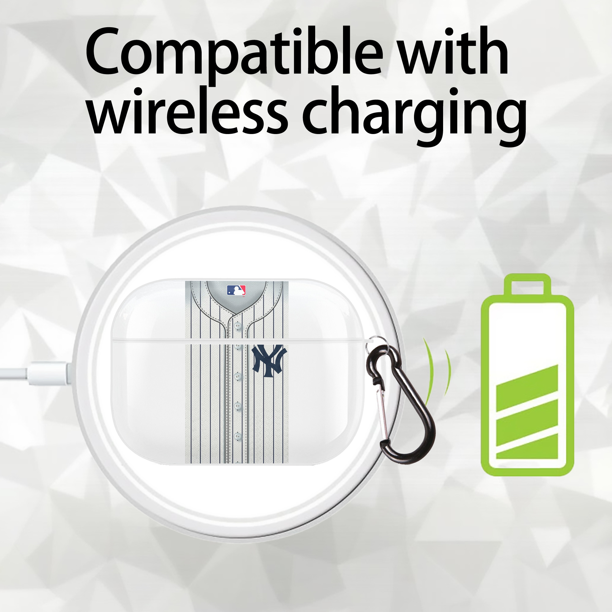 New York Yankees Pinstripe Jersey Background AirPods Pro Hard Case White With Keychain, Durable Flexible PC, Precise Cutouts, Anti-Fingerprint, Yellowing & Scratch Resistant, Full Protection, Washable