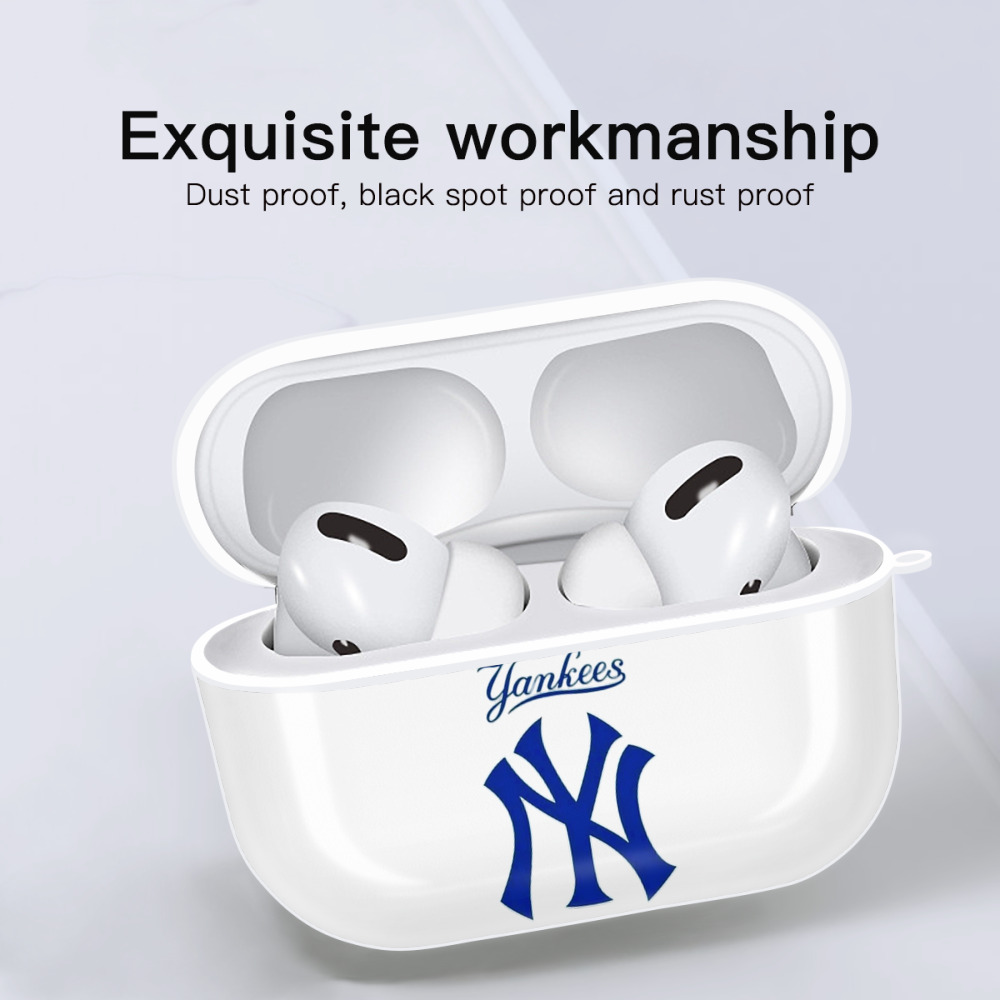 New York Yankees Blue Logo AirPods Pro Hard Case White With Keychain, Durable Flexible PC, Precise Cutouts, Anti-Fingerprint, Yellowing & Scratch Resistant, Full Protection, Washable