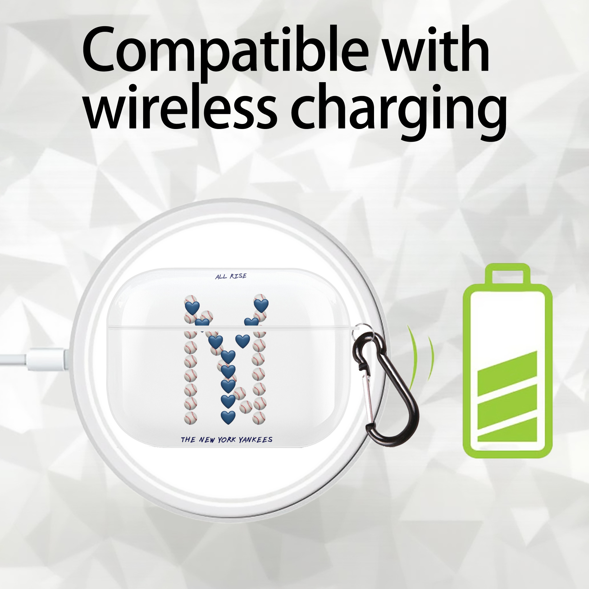 New York Yankees All Rise Love Baseball AirPods Pro Hard Case White With Keychain, Durable Flexible PC, Precise Cutouts, Anti-Fingerprint, Yellowing & Scratch Resistant, Full Protection, Washable