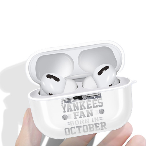 New York Yankees Never Underestimate A Yankees Fan Born in October AirPods Pro Hard Case White With Keychain, Durable Flexible PC, Precise Cutouts, Anti-Fingerprint, Yellowing & Scratch Resistant, Full Protection, Washable
