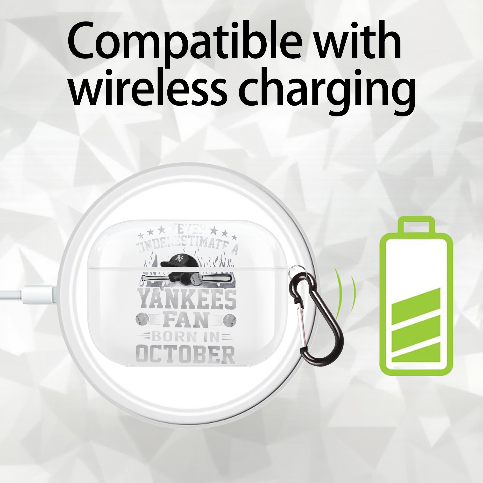 New York Yankees Never Underestimate A Yankees Fan Born in October AirPods Pro Hard Case White With Keychain, Durable Flexible PC, Precise Cutouts, Anti-Fingerprint, Yellowing & Scratch Resistant, Full Protection, Washable