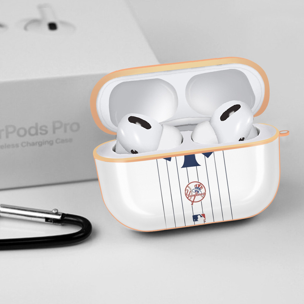 New York Yankees Pinstripe Logo AirPods Pro Protective Case Rose Gold, Flexible PC Material, Precise Fit, Anti-Slip Cover, Full Protection, Fingerprint Resistant, Washable With Keychain