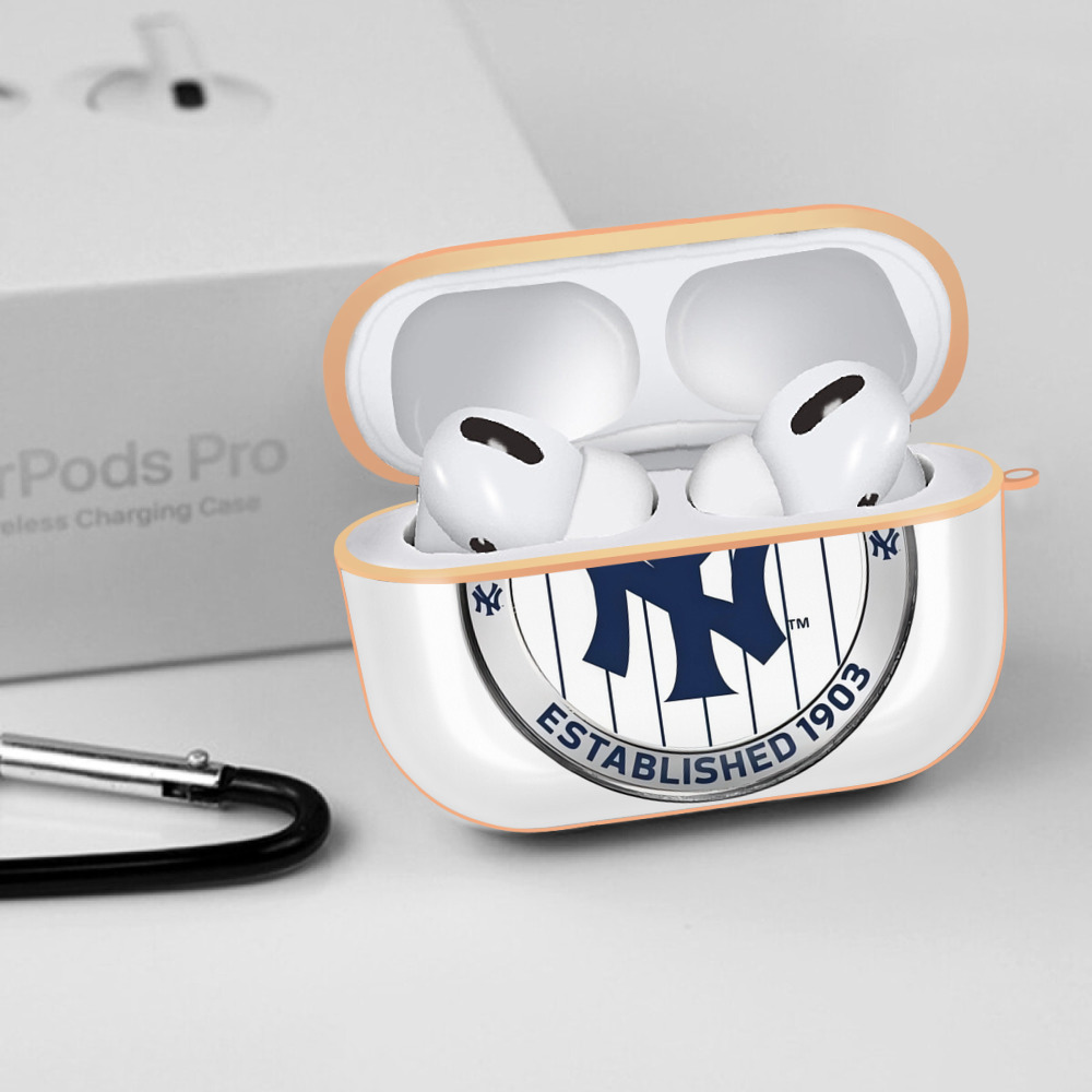 New York Yankees Established 1903 AirPods Pro Protective Case Rose Gold, Flexible PC Material, Precise Fit, Anti-Slip Cover, Full Protection, Fingerprint Resistant, Washable With Keychain