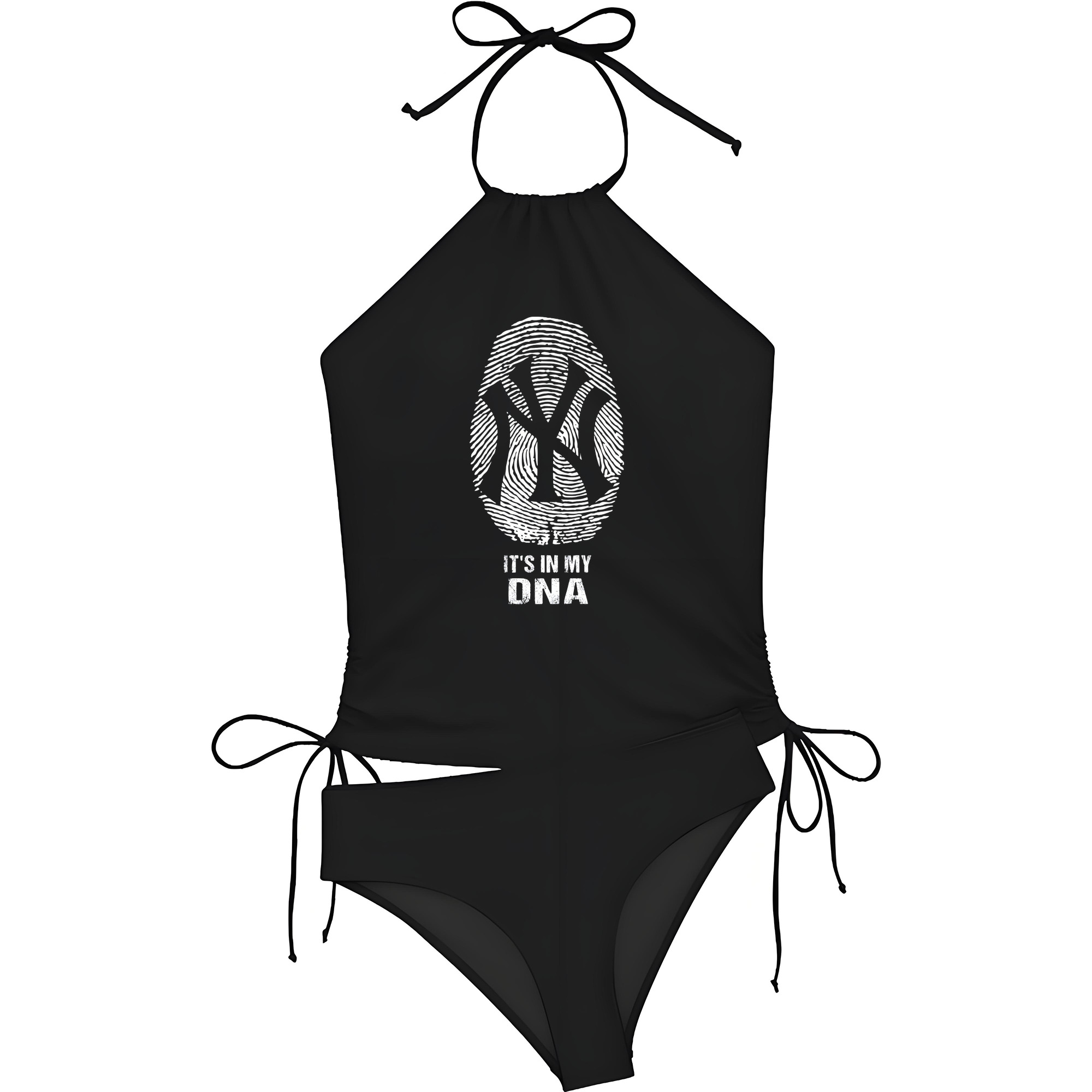 New York Yankees It's In My DNA Women's Heat Transfer Printed Two-Piece Bikini Set – Sexy One-Shoulder Top & Triangle Bottom, Soft Nylon-Spandex, Perfect for Beach, Pool & Vacation