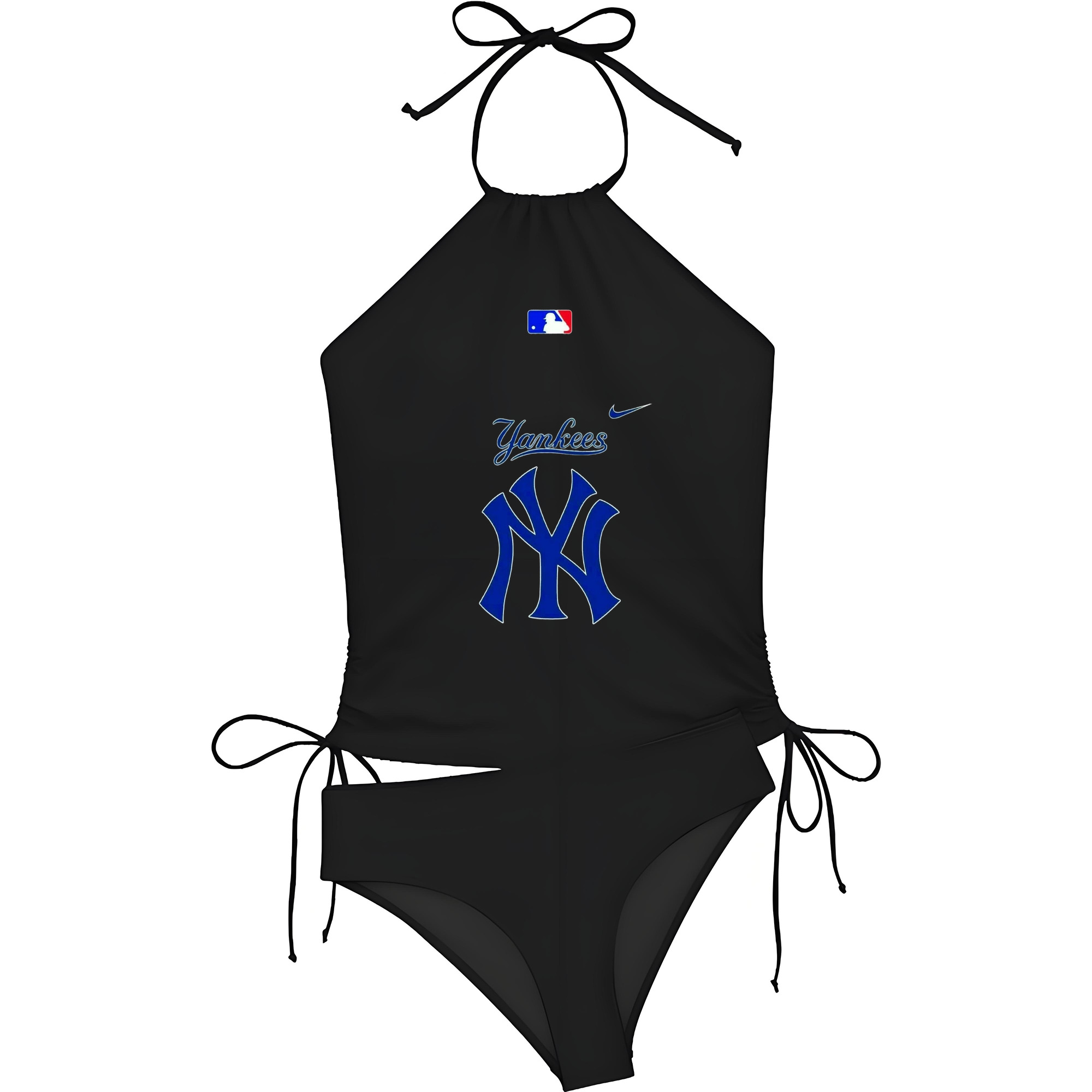 New York Yankees Blue Logo Women's Heat Transfer Printed Two-Piece Bikini Set – Sexy One-Shoulder Top & Triangle Bottom, Soft Nylon-Spandex, Perfect for Beach, Pool & Vacation