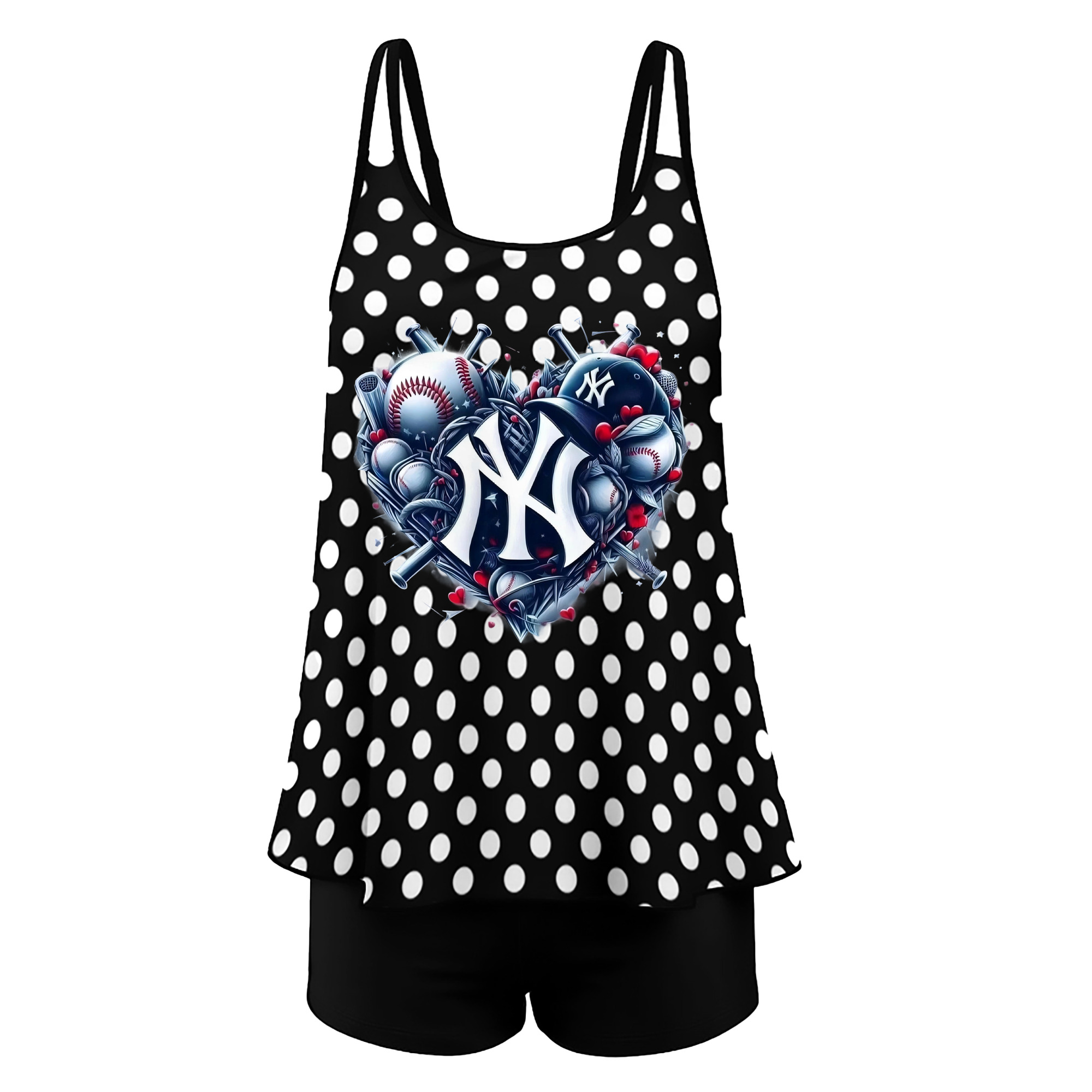 New York Yankees Heart Women’s Heat Transfer Printed Two-Piece Swimsuit Set – Sexy Double Strap Bandeau Top & Boyshort Bottoms, Soft Nylon-Spandex, Perfect for Beach, Pool & Vacation