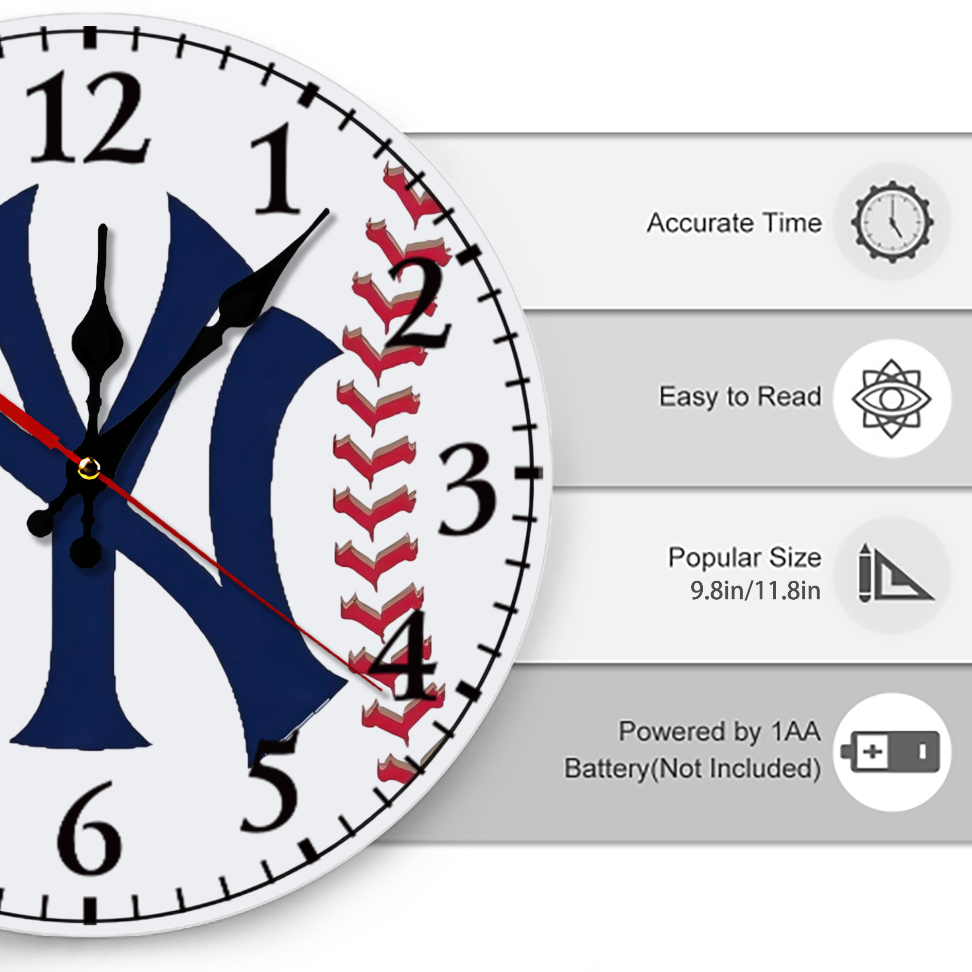 New York Yankees Baseball Silent Round Wall Clock – Modern & Stylish DIY Design, Durable Wood Construction, Easy To Install – Perfect For Office, Bedroom, Living Room, And More