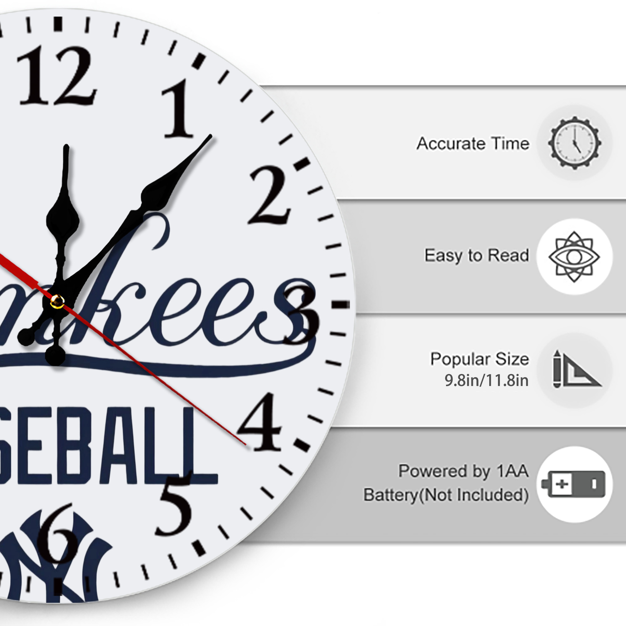 New York Yankees Baseball Silent Round Wall Clock – Modern & Stylish DIY Design, Durable Wood Construction, Easy To Install – Perfect For Office, Bedroom, Living Room, And More