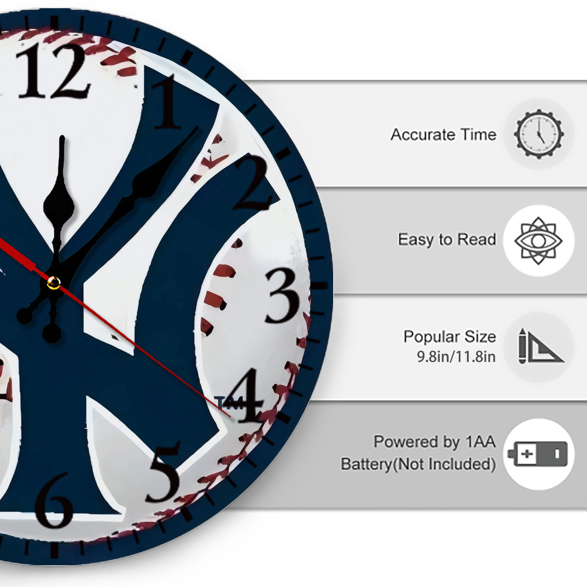 New York Yankees Baseball Silent Round Wall Clock – Modern & Stylish DIY Design, Durable Wood Construction, Easy To Install – Perfect For Office, Bedroom, Living Room, And More