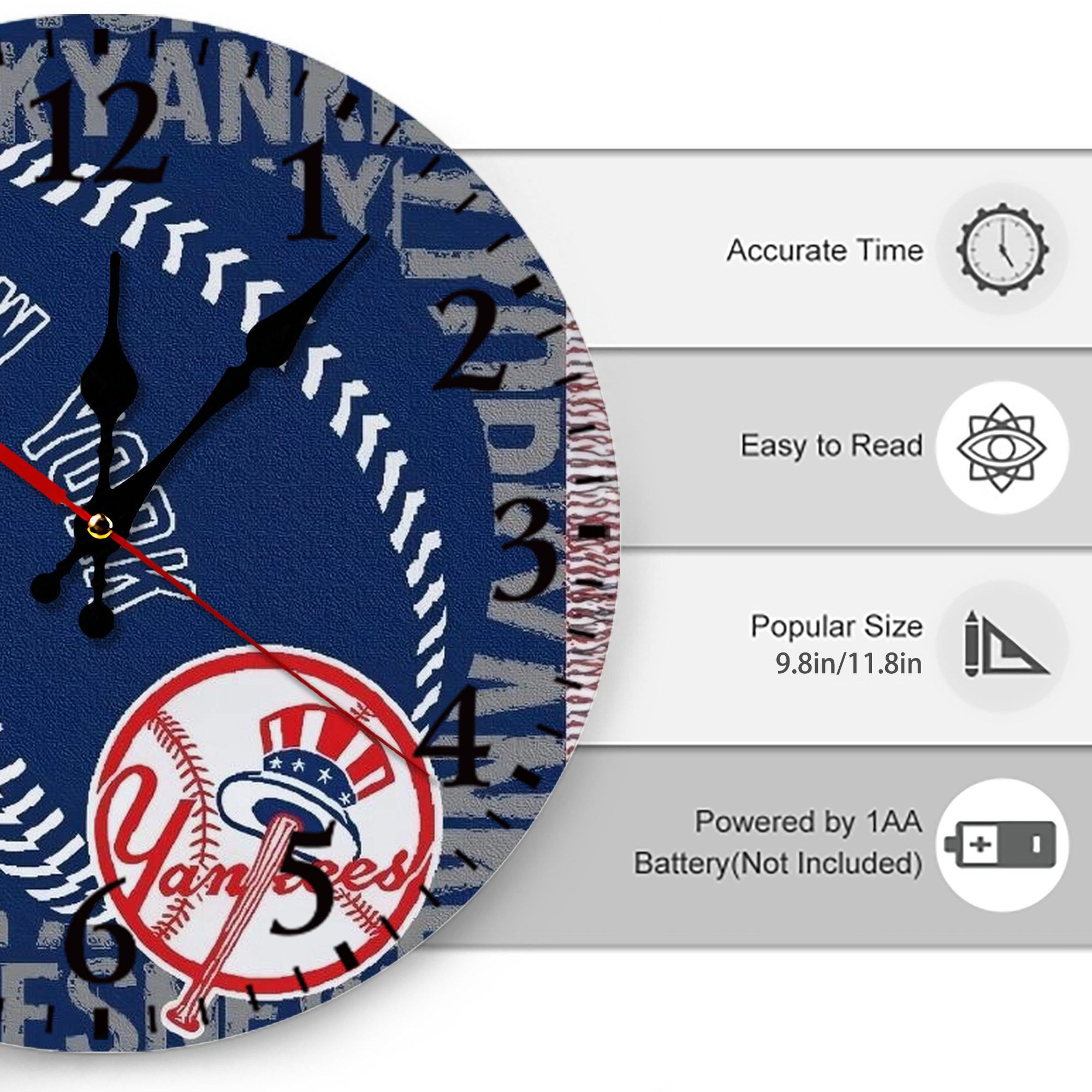 New York Yankees 65 Silent Round Wall Clock – Modern & Stylish DIY Design, Durable Wood Construction, Easy To Install – Perfect For Office, Bedroom, Living Room, And More