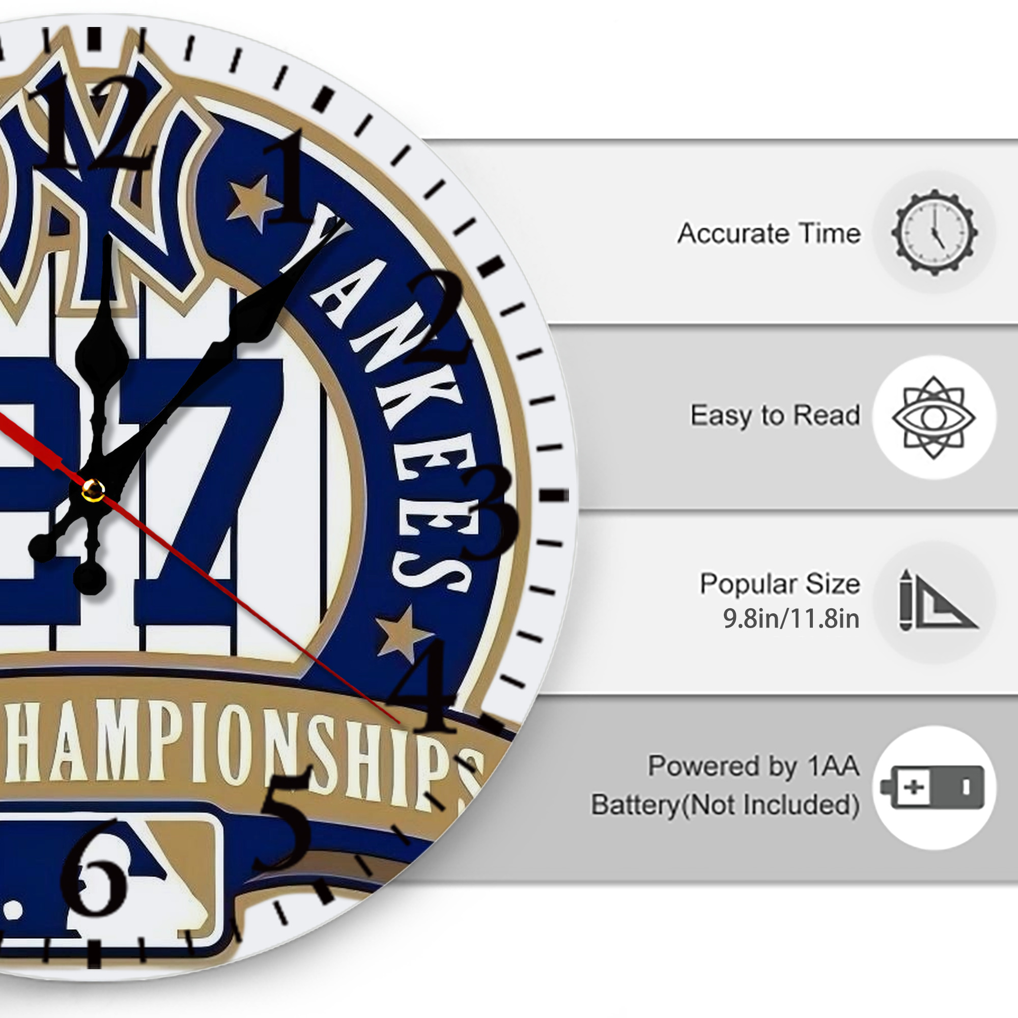 New York Yankees 27 World Championships Silent Round Wall Clock – Modern & Stylish DIY Design, Durable Wood Construction, Easy To Install – Perfect For Office, Bedroom, Living Room, And More