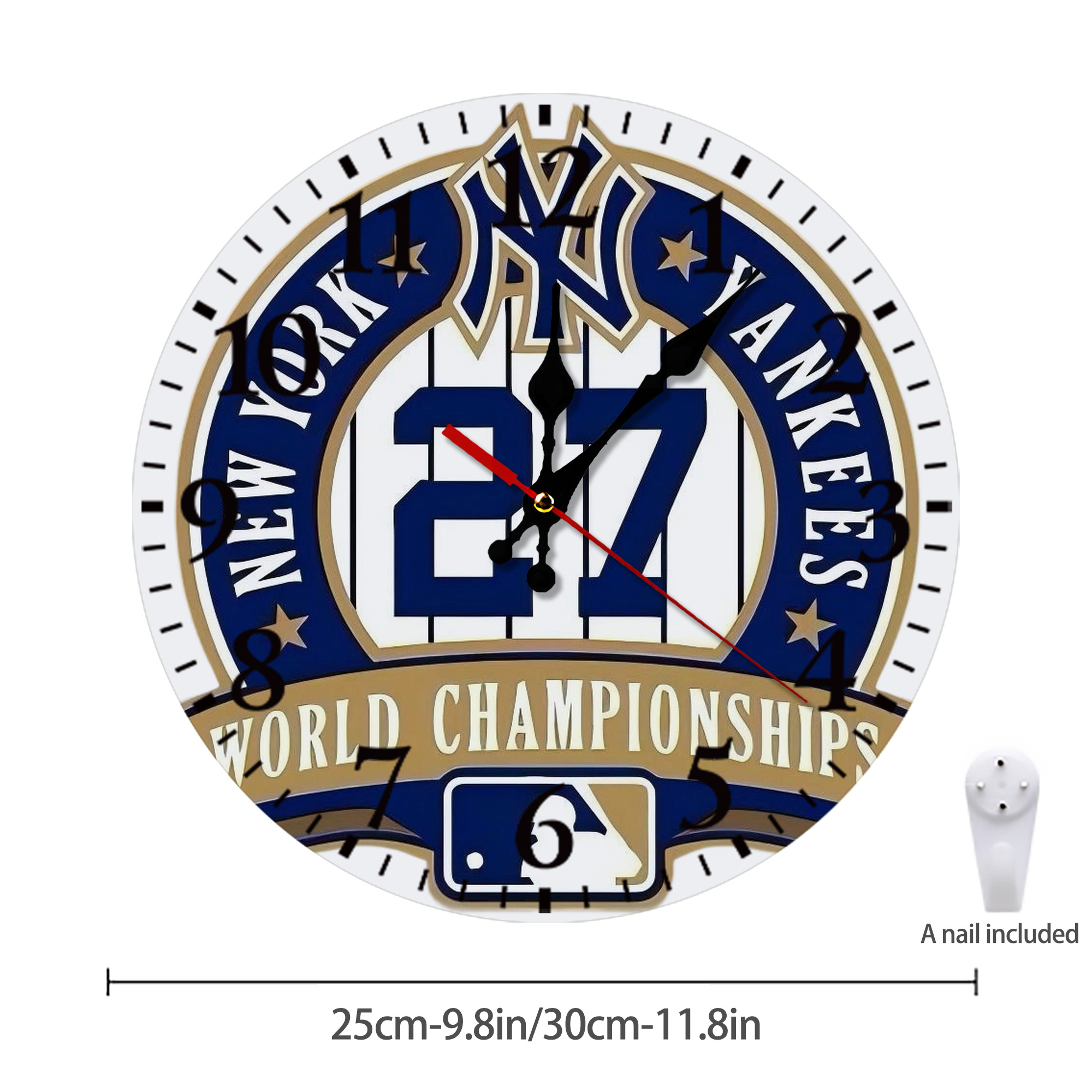 New York Yankees 27 World Championships Silent Round Wall Clock – Modern & Stylish DIY Design, Durable Wood Construction, Easy To Install – Perfect For Office, Bedroom, Living Room, And More