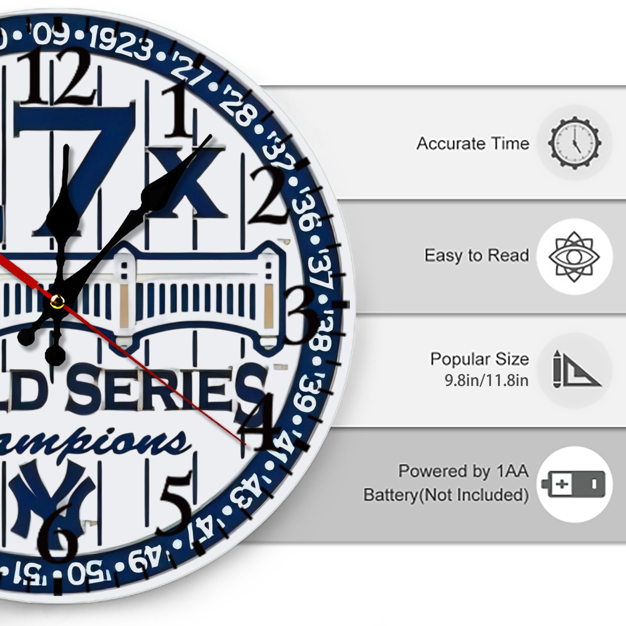 New York Yankees 27X WS Champions Silent Round Wall Clock – Modern & Stylish DIY Design, Durable Wood Construction, Easy To Install – Perfect For Office, Bedroom, Living Room, And More