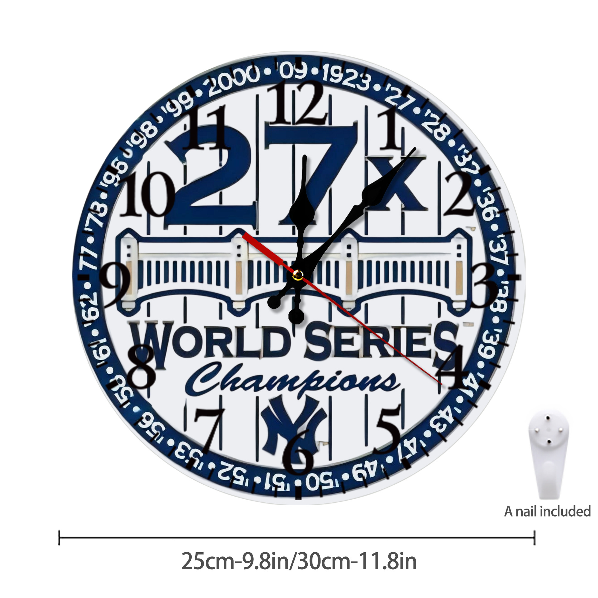 New York Yankees 27X WS Champions Silent Round Wall Clock – Modern & Stylish DIY Design, Durable Wood Construction, Easy To Install – Perfect For Office, Bedroom, Living Room, And More