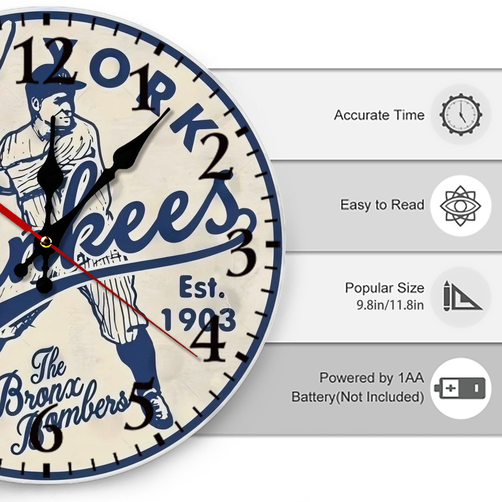 New York Yankees The Bronx Bombers Estd 1903 Silent Round Wall Clock – Modern & Stylish DIY Design, Durable Wood Construction, Easy To Install – Perfect For Office, Bedroom, Living Room, And More
