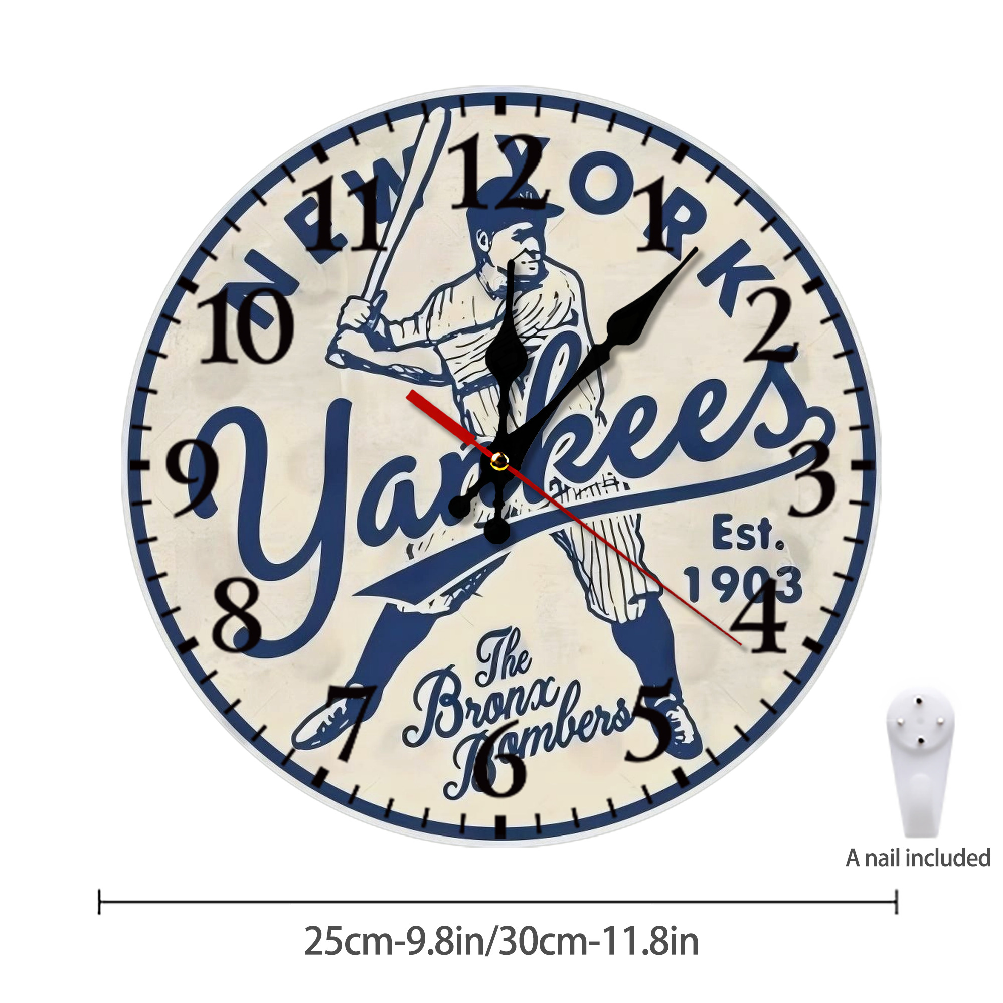 New York Yankees The Bronx Bombers Estd 1903 Silent Round Wall Clock – Modern & Stylish DIY Design, Durable Wood Construction, Easy To Install – Perfect For Office, Bedroom, Living Room, And More