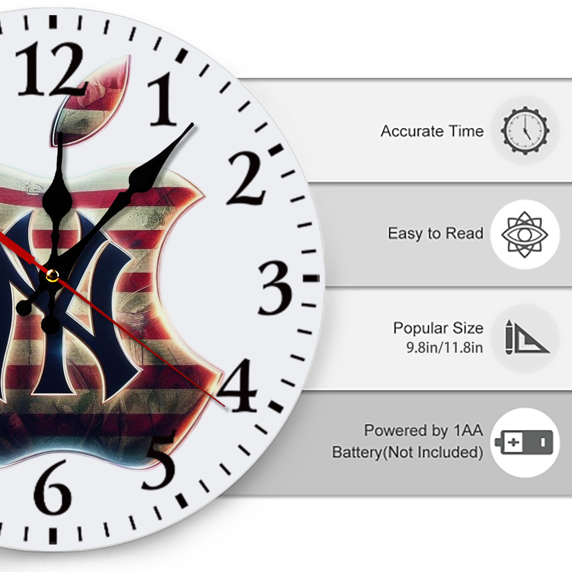 New York Yankees Apple US Flag Silent Round Wall Clock – Modern & Stylish DIY Design, Durable Wood Construction, Easy To Install – Perfect For Office, Bedroom, Living Room, And More