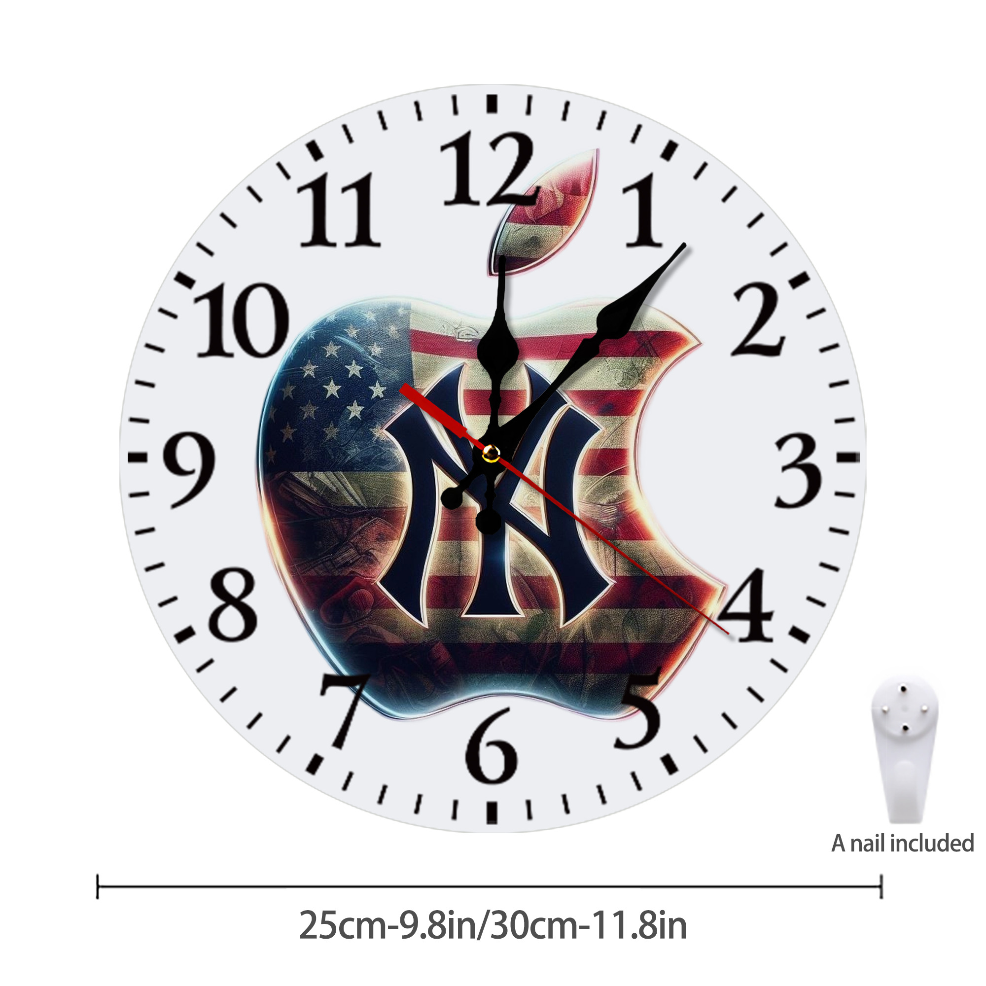 New York Yankees Apple US Flag Silent Round Wall Clock – Modern & Stylish DIY Design, Durable Wood Construction, Easy To Install – Perfect For Office, Bedroom, Living Room, And More