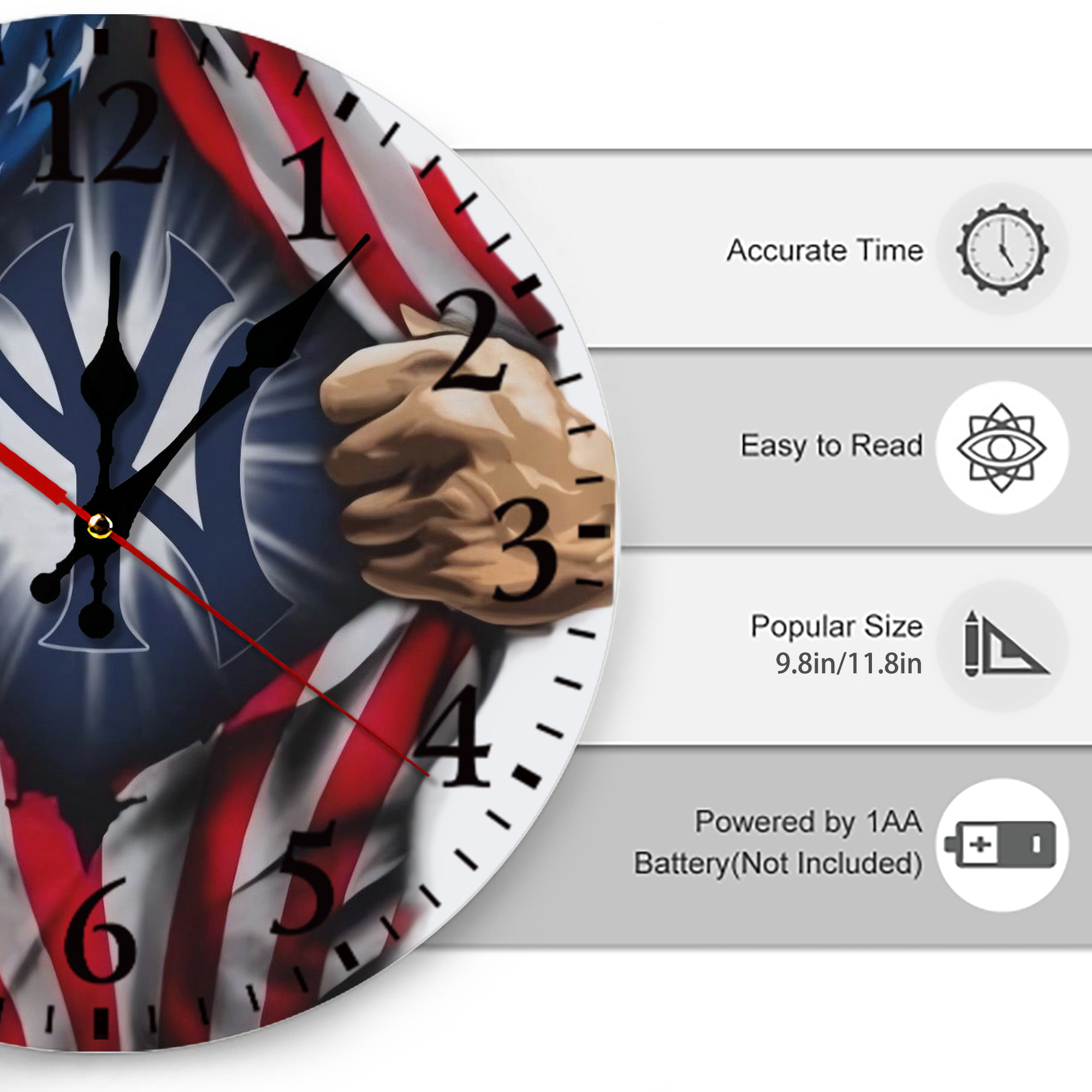 New York Yankees US Flag Yankees Inside Me Silent Round Wall Clock – Modern & Stylish DIY Design, Durable Wood Construction, Easy To Install – Perfect For Office, Bedroom, Living Room, And More
