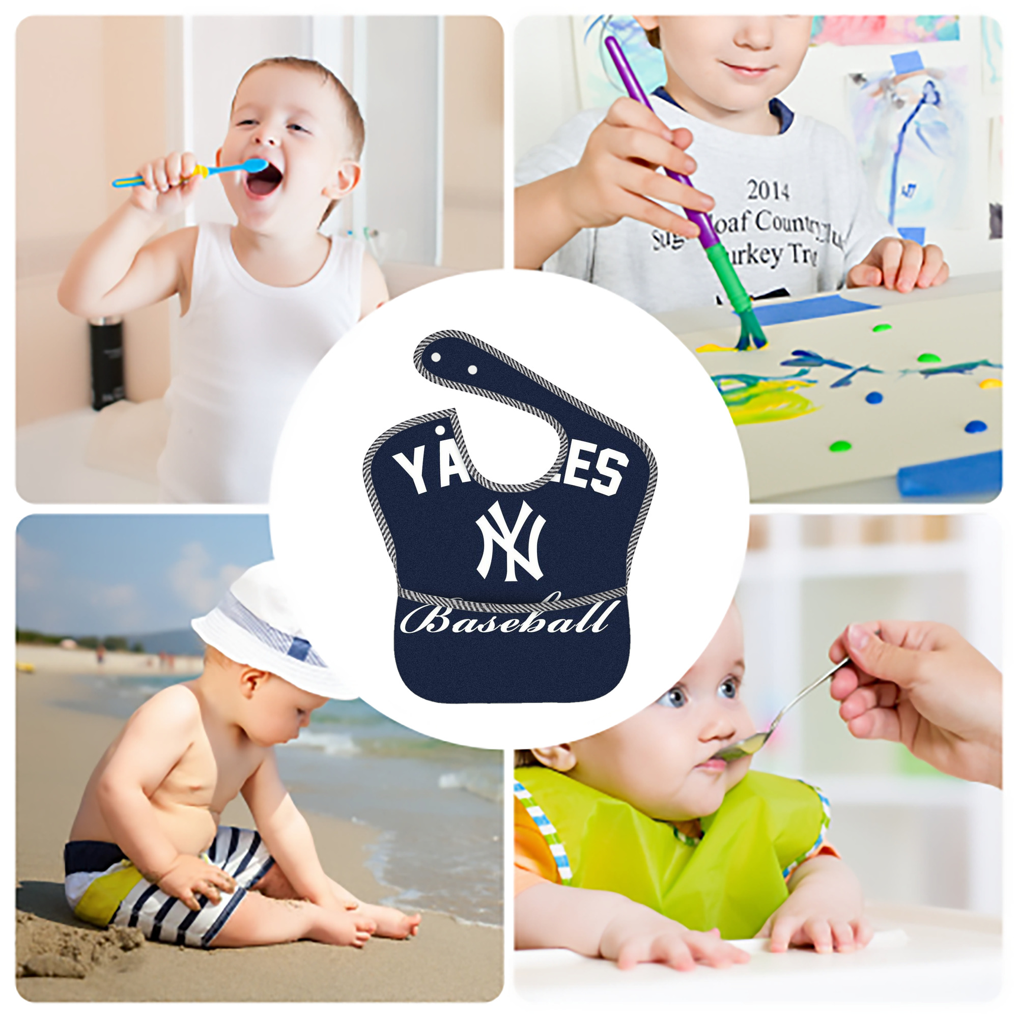 New York Yankees Baseball Adjustable Waterproof Toddler Bib – Full-Print Durable Polyester – Foldable Crumb Pocket – Easy Snap Closure – Soft