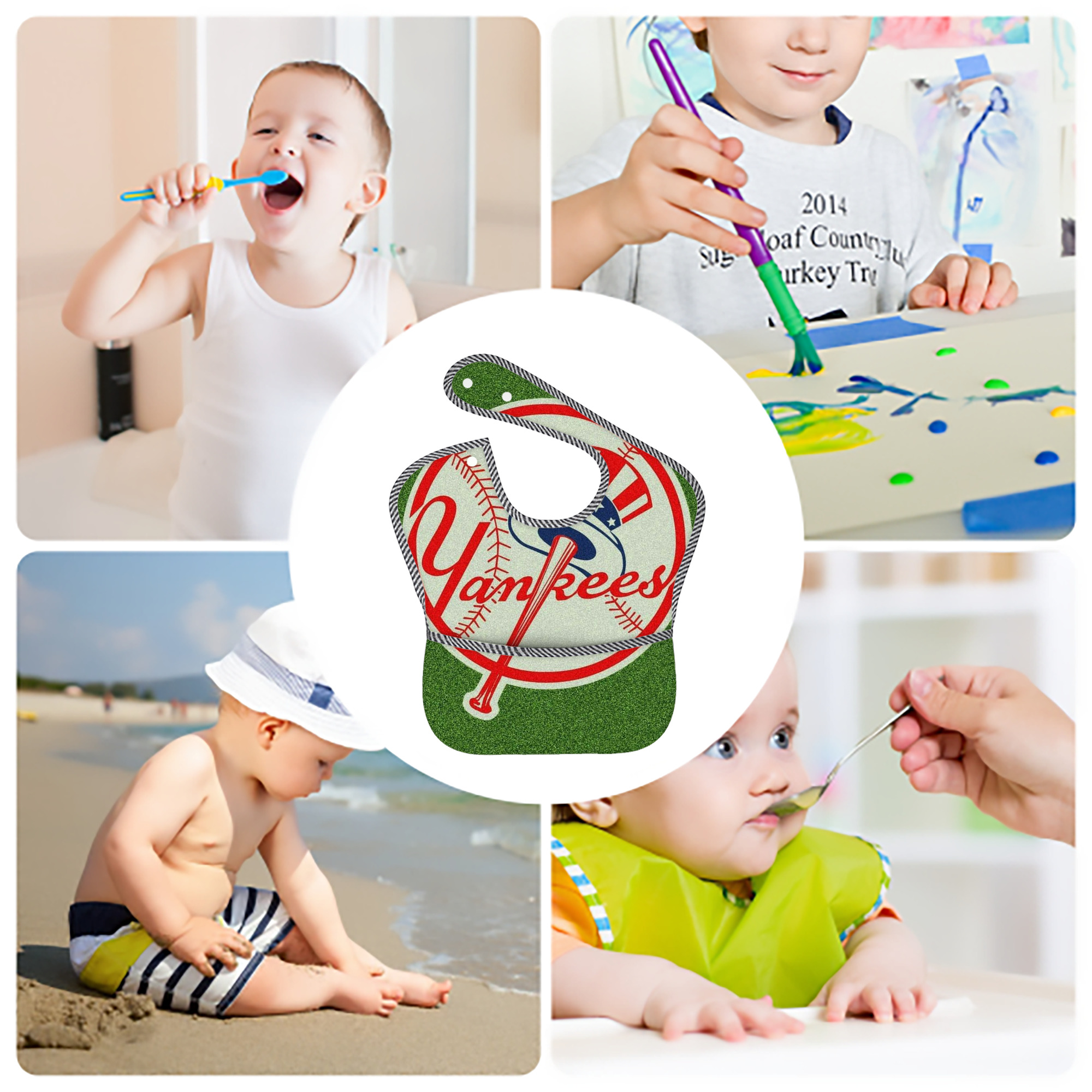 New York Yankees Logo Adjustable Waterproof Toddler Bib – Full-Print Durable Polyester – Foldable Crumb Pocket – Easy Snap Closure – Soft