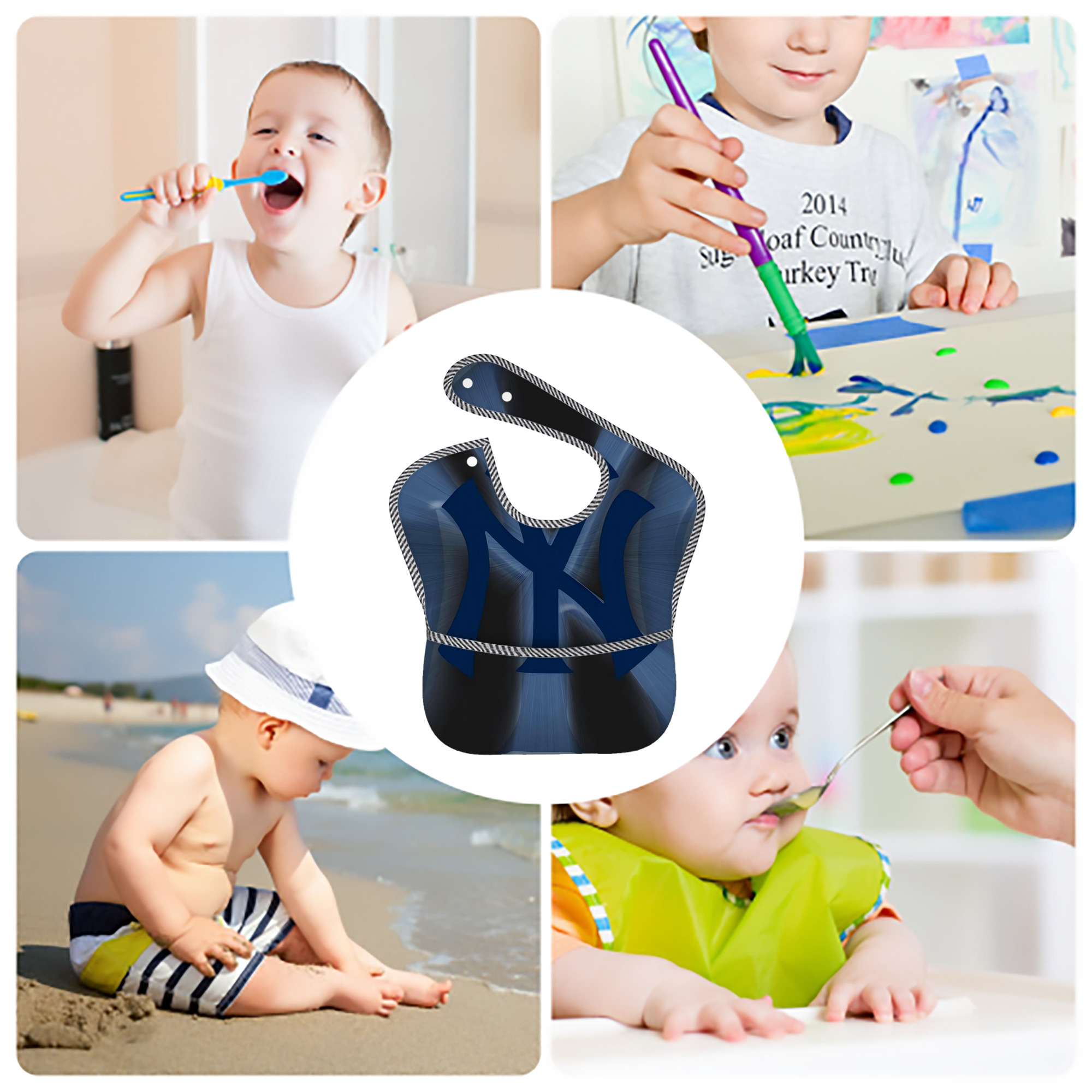 New York Yankees 110 Adjustable Waterproof Toddler Bib – Full-Print Durable Polyester – Foldable Crumb Pocket – Easy Snap Closure – Soft