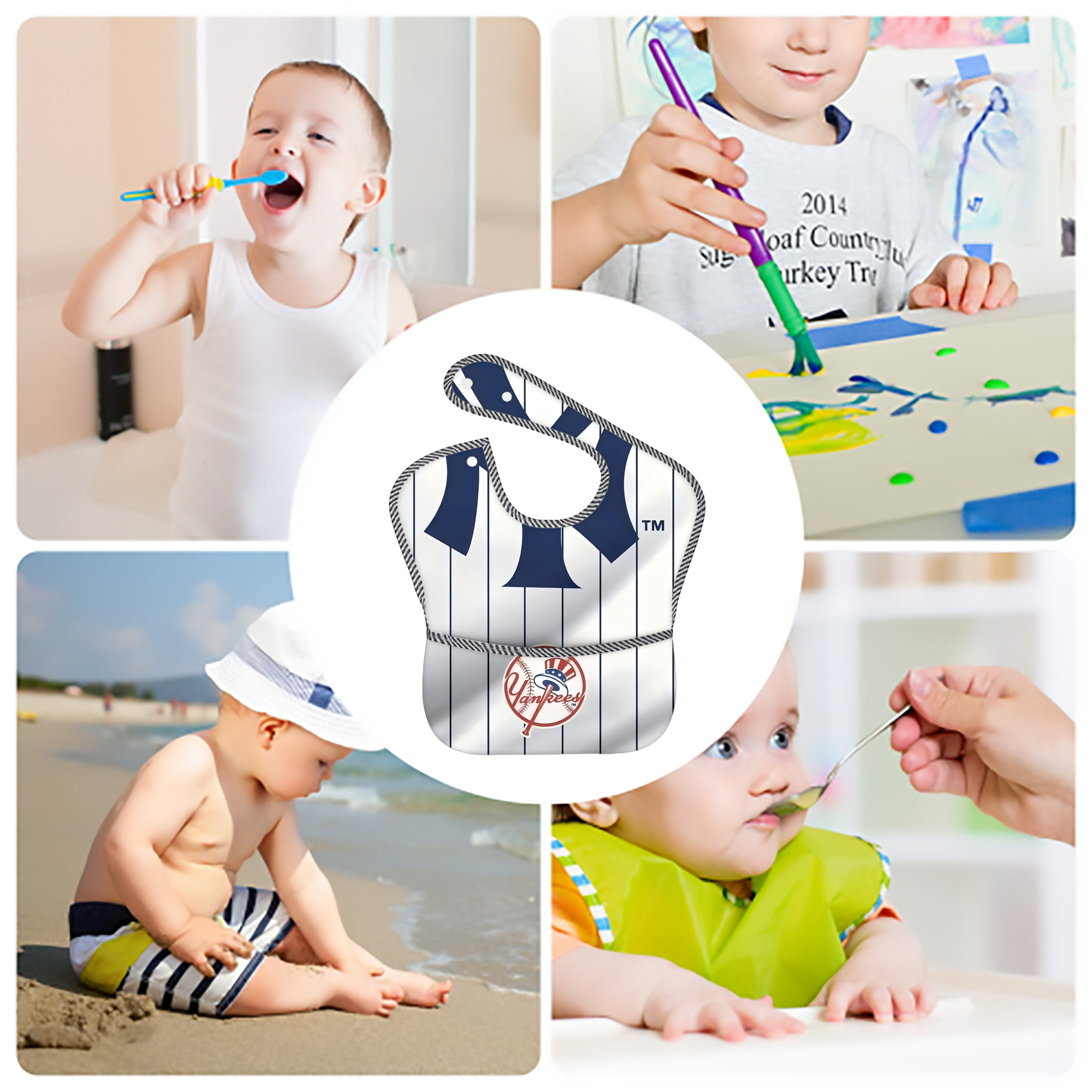 New York Yankees 126 Adjustable Waterproof Toddler Bib – Full-Print Durable Polyester – Foldable Crumb Pocket – Easy Snap Closure – Soft