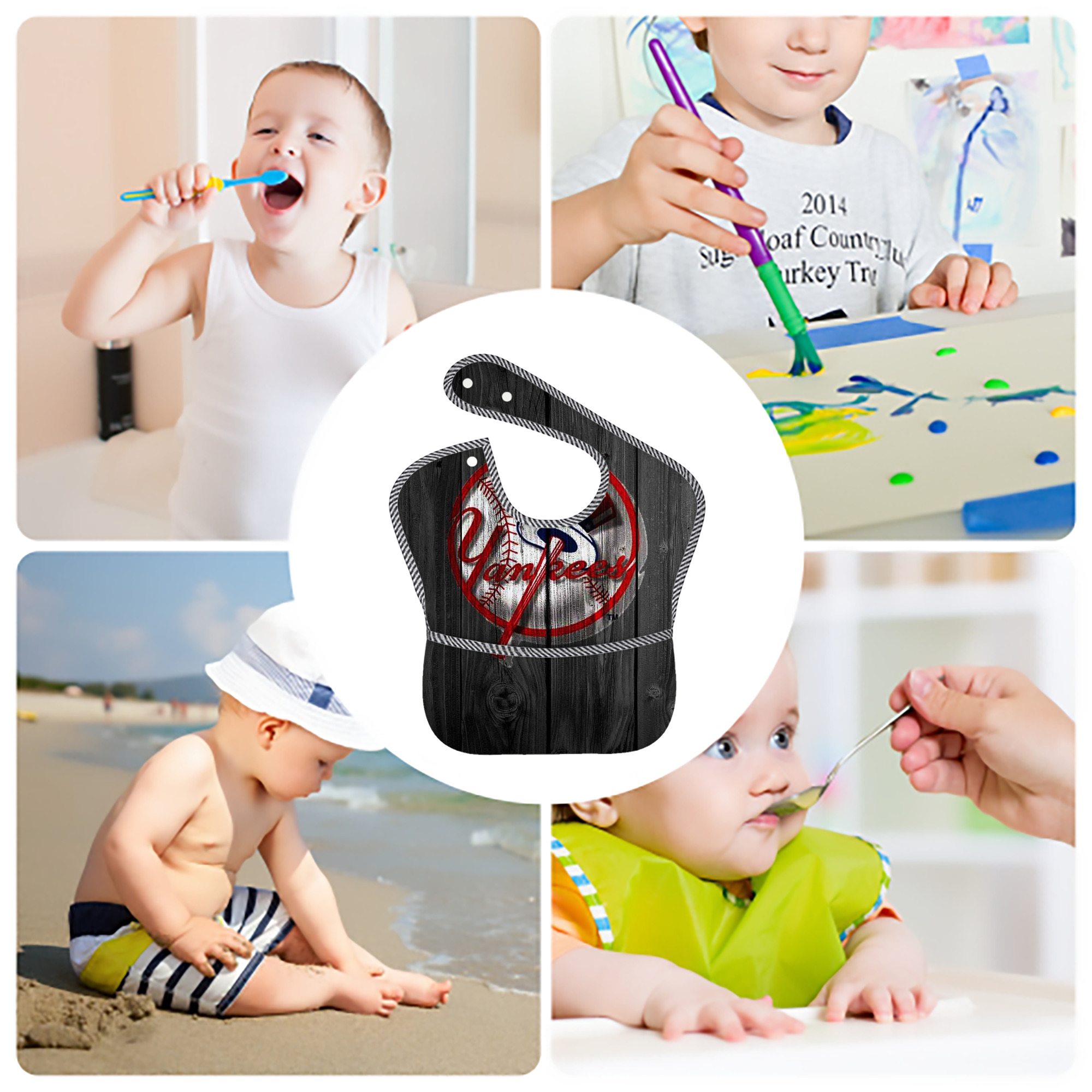 New York Yankees 131 Adjustable Waterproof Toddler Bib – Full-Print Durable Polyester – Foldable Crumb Pocket – Easy Snap Closure – Soft