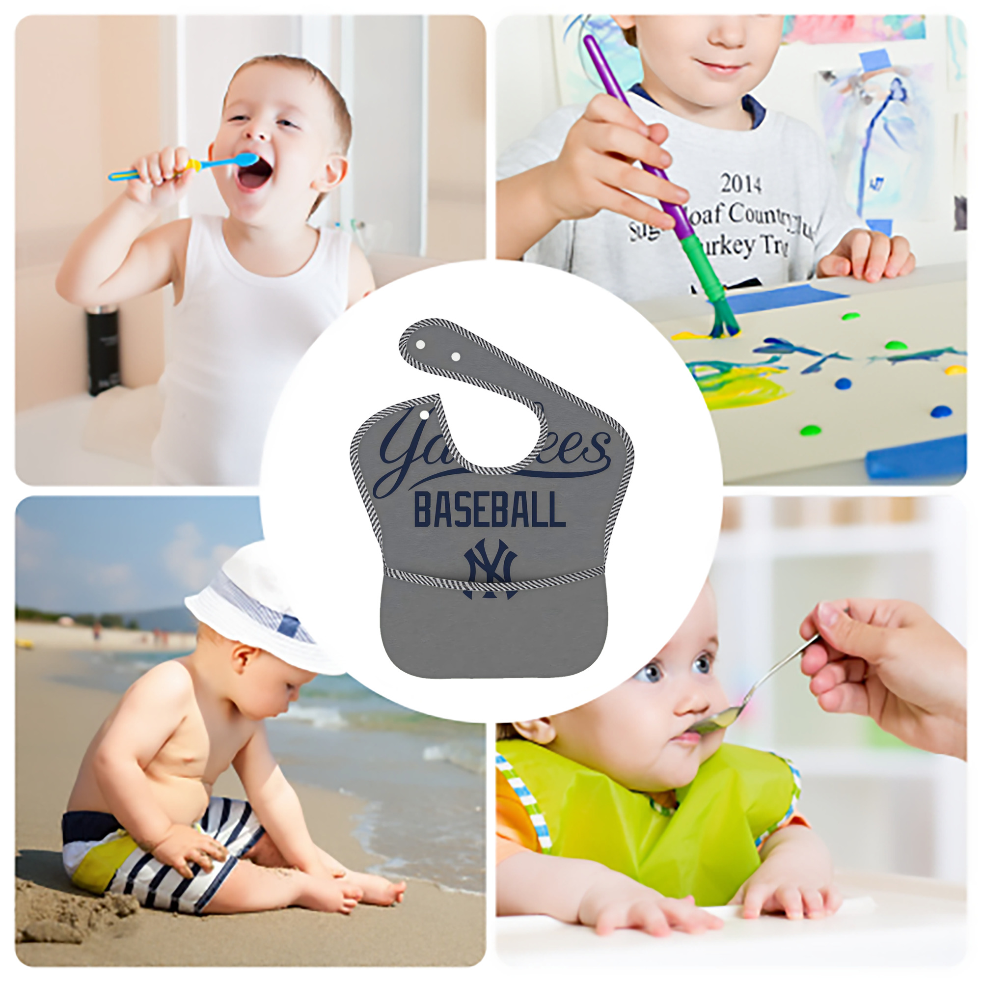 New York Yankees 147 Adjustable Waterproof Toddler Bib – Full-Print Durable Polyester – Foldable Crumb Pocket – Easy Snap Closure – Soft