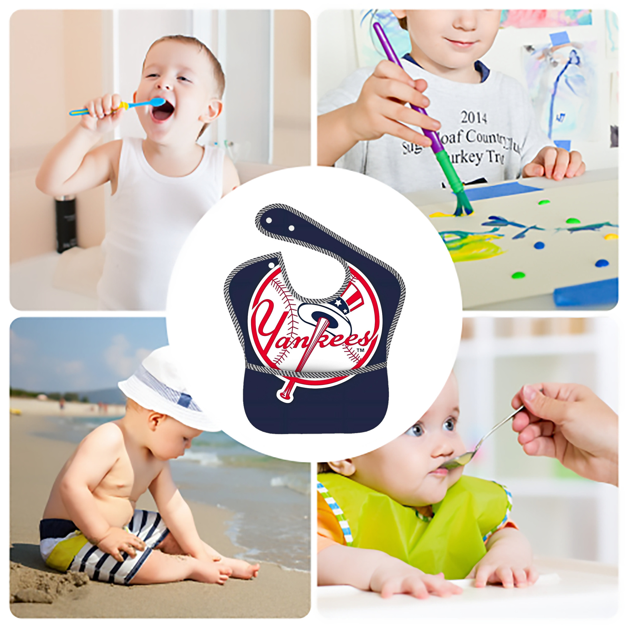 New York Yankees 157 Adjustable Waterproof Toddler Bib – Full-Print Durable Polyester – Foldable Crumb Pocket – Easy Snap Closure – Soft