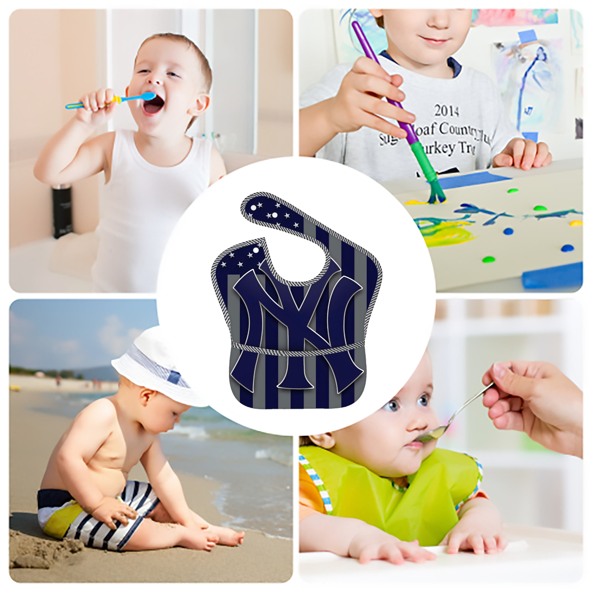 New York Yankees 162 Adjustable Waterproof Toddler Bib – Full-Print Durable Polyester – Foldable Crumb Pocket – Easy Snap Closure – Soft