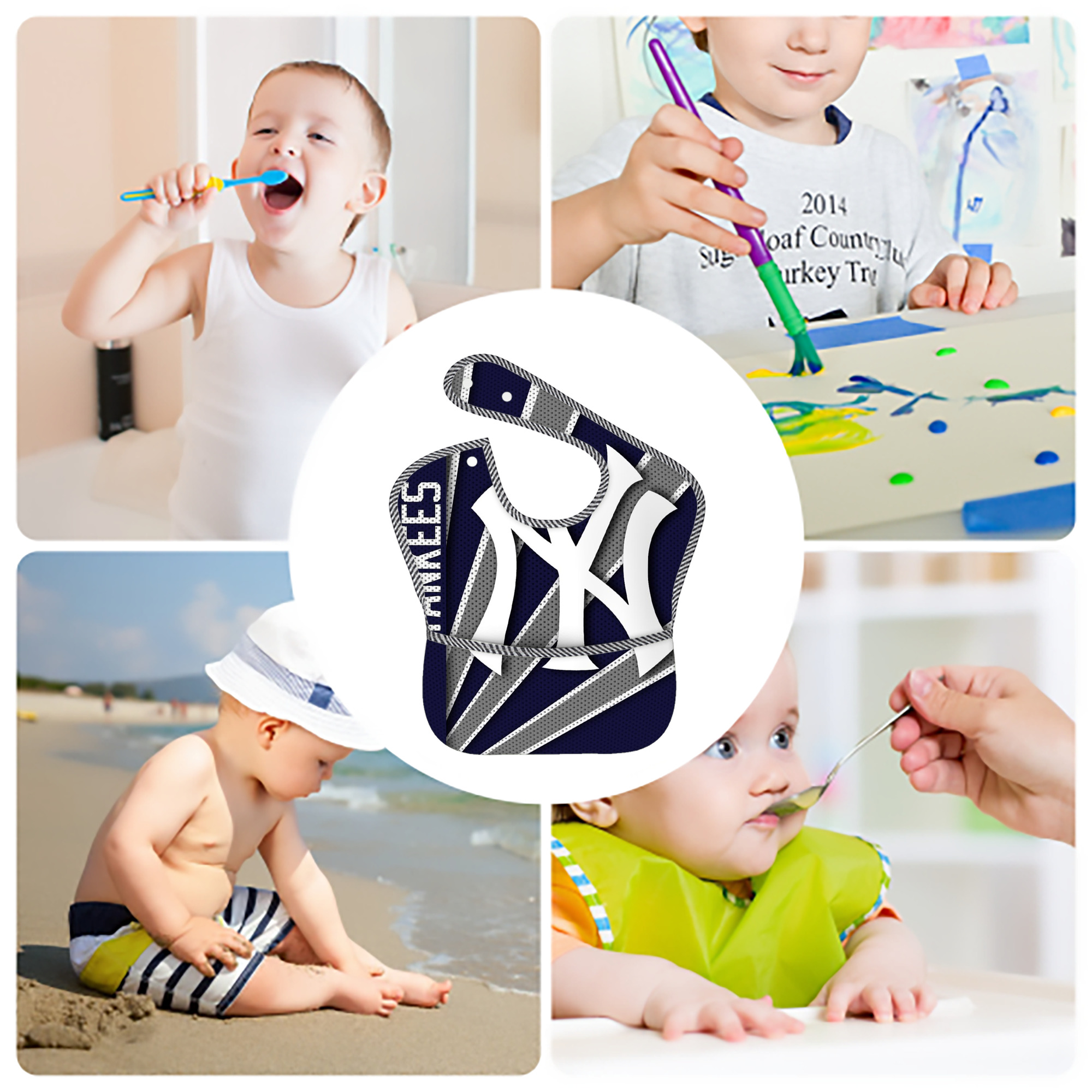 New York Yankees 168 Adjustable Waterproof Toddler Bib – Full-Print Durable Polyester – Foldable Crumb Pocket – Easy Snap Closure – Soft