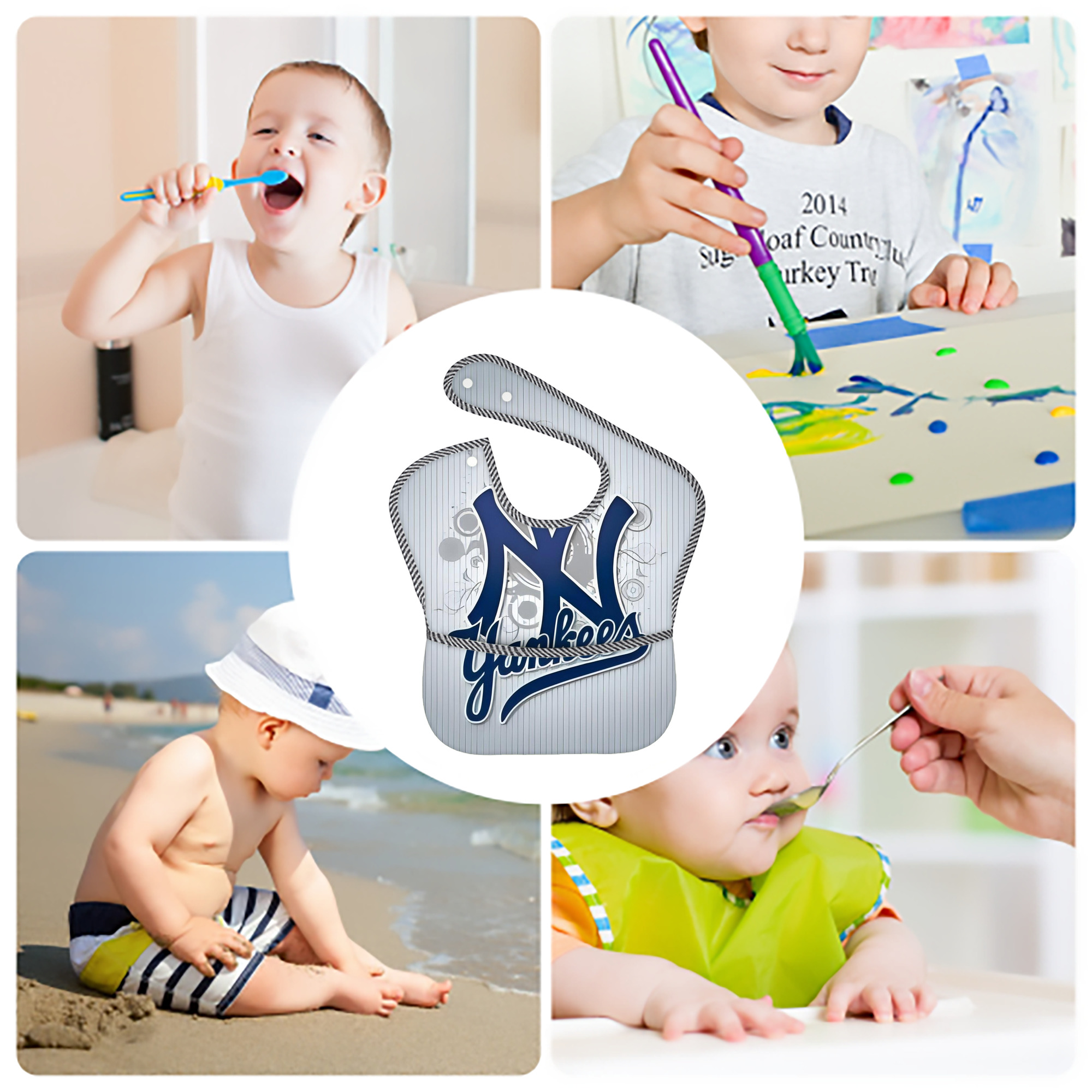 New York Yankees 181 Adjustable Waterproof Toddler Bib – Full-Print Durable Polyester – Foldable Crumb Pocket – Easy Snap Closure – Soft