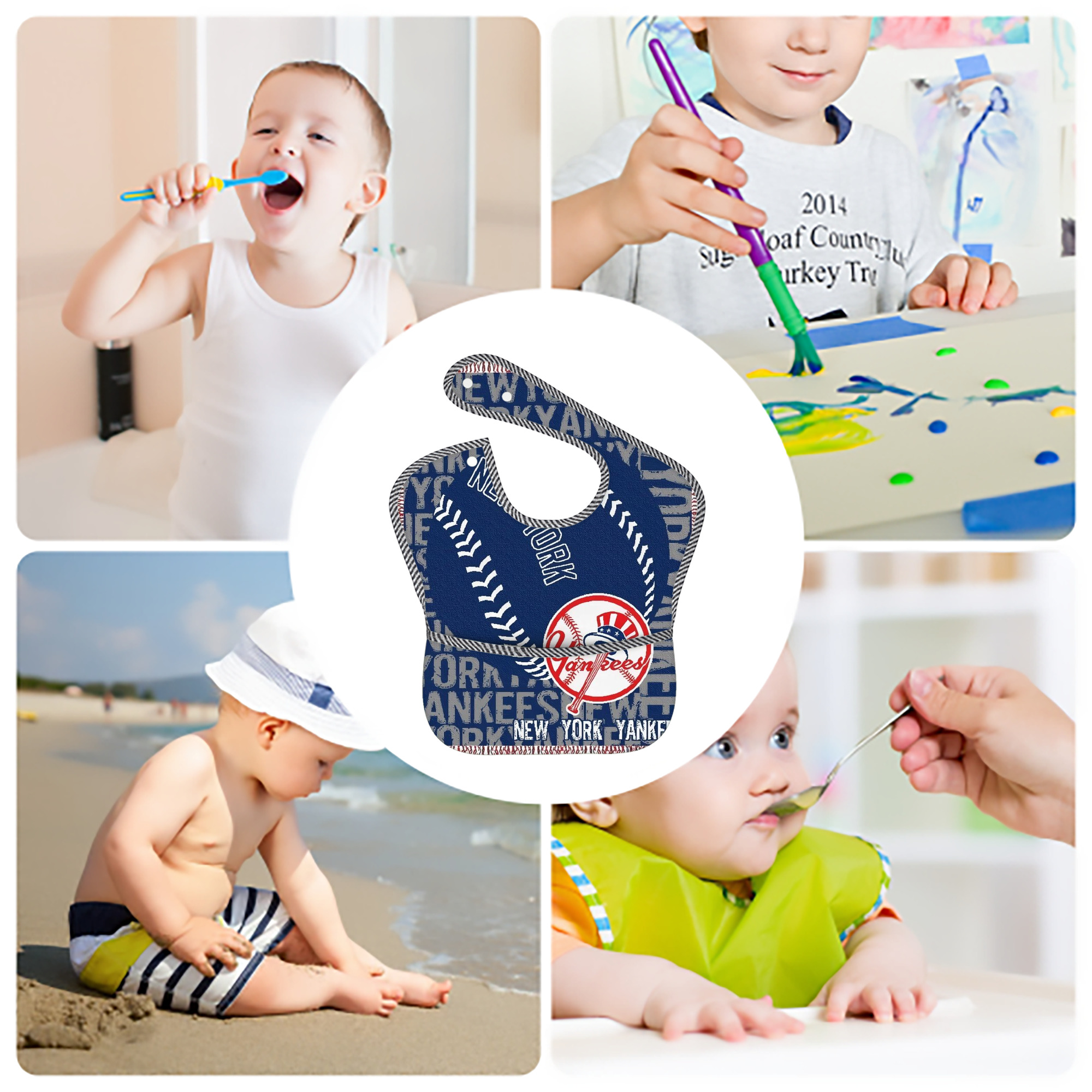 New York Yankees 198 Adjustable Waterproof Toddler Bib – Full-Print Durable Polyester – Foldable Crumb Pocket – Easy Snap Closure – Soft