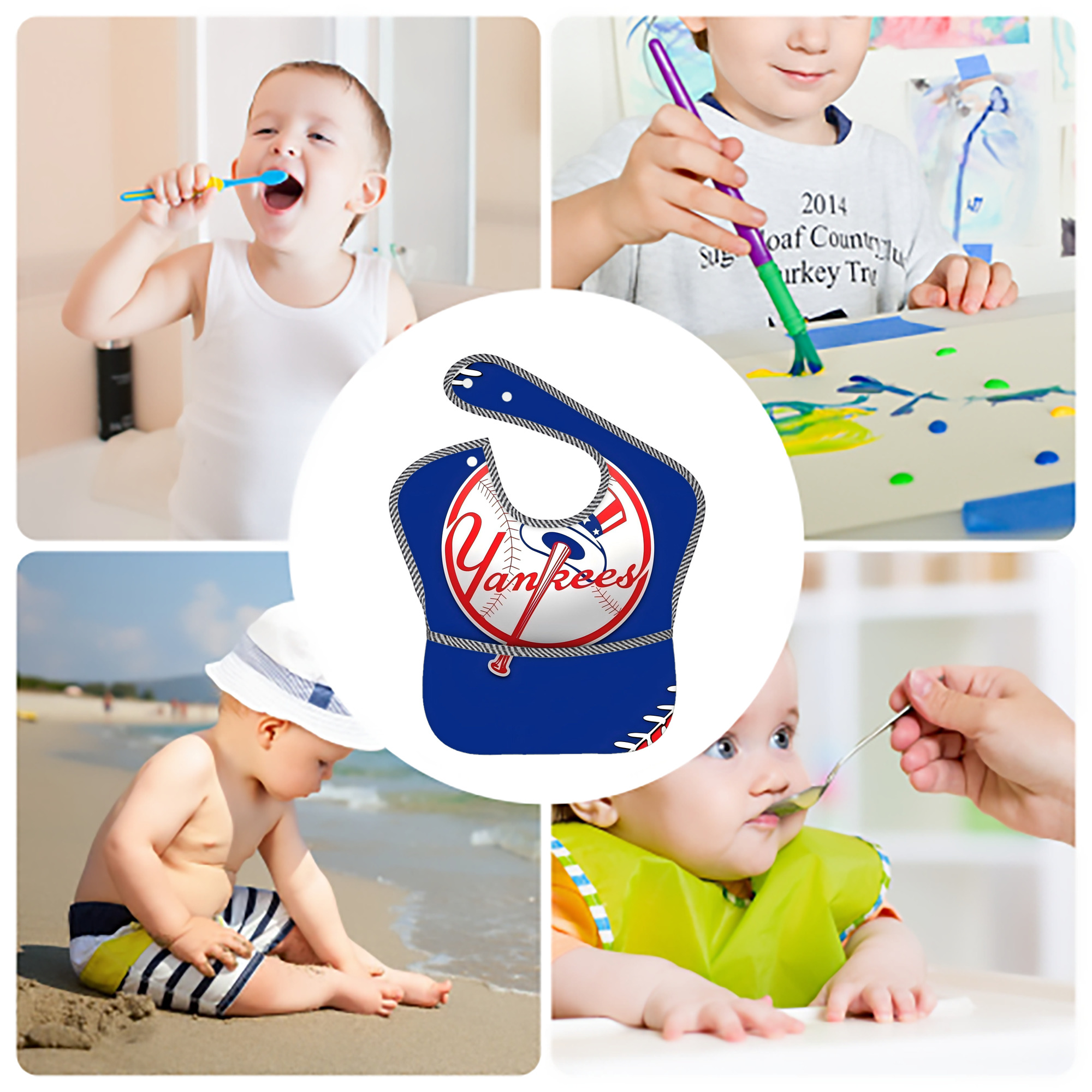 New York Yankees 203 Adjustable Waterproof Toddler Bib – Full-Print Durable Polyester – Foldable Crumb Pocket – Easy Snap Closure – Soft