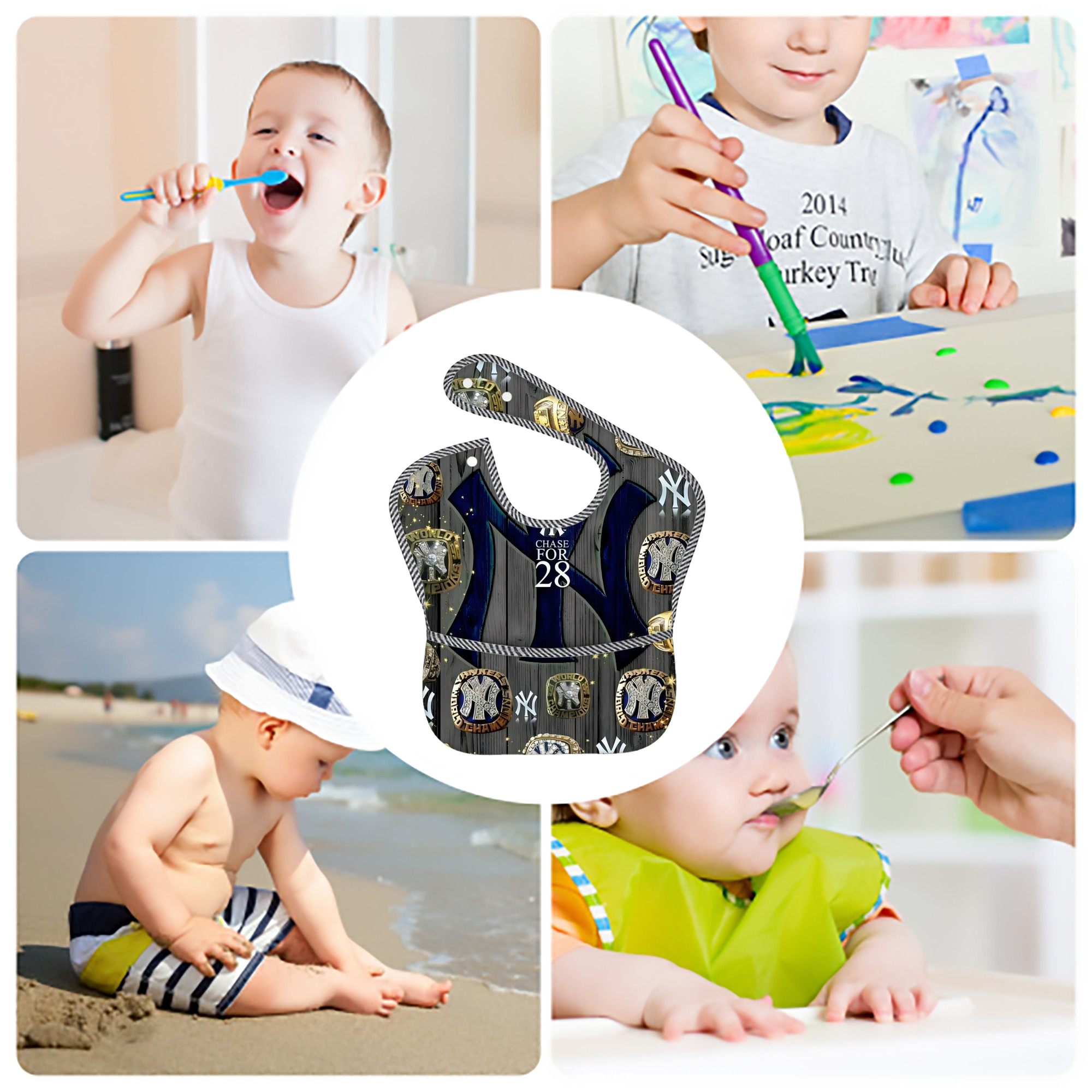 New York Yankees 209 Adjustable Waterproof Toddler Bib – Full-Print Durable Polyester – Foldable Crumb Pocket – Easy Snap Closure – Soft