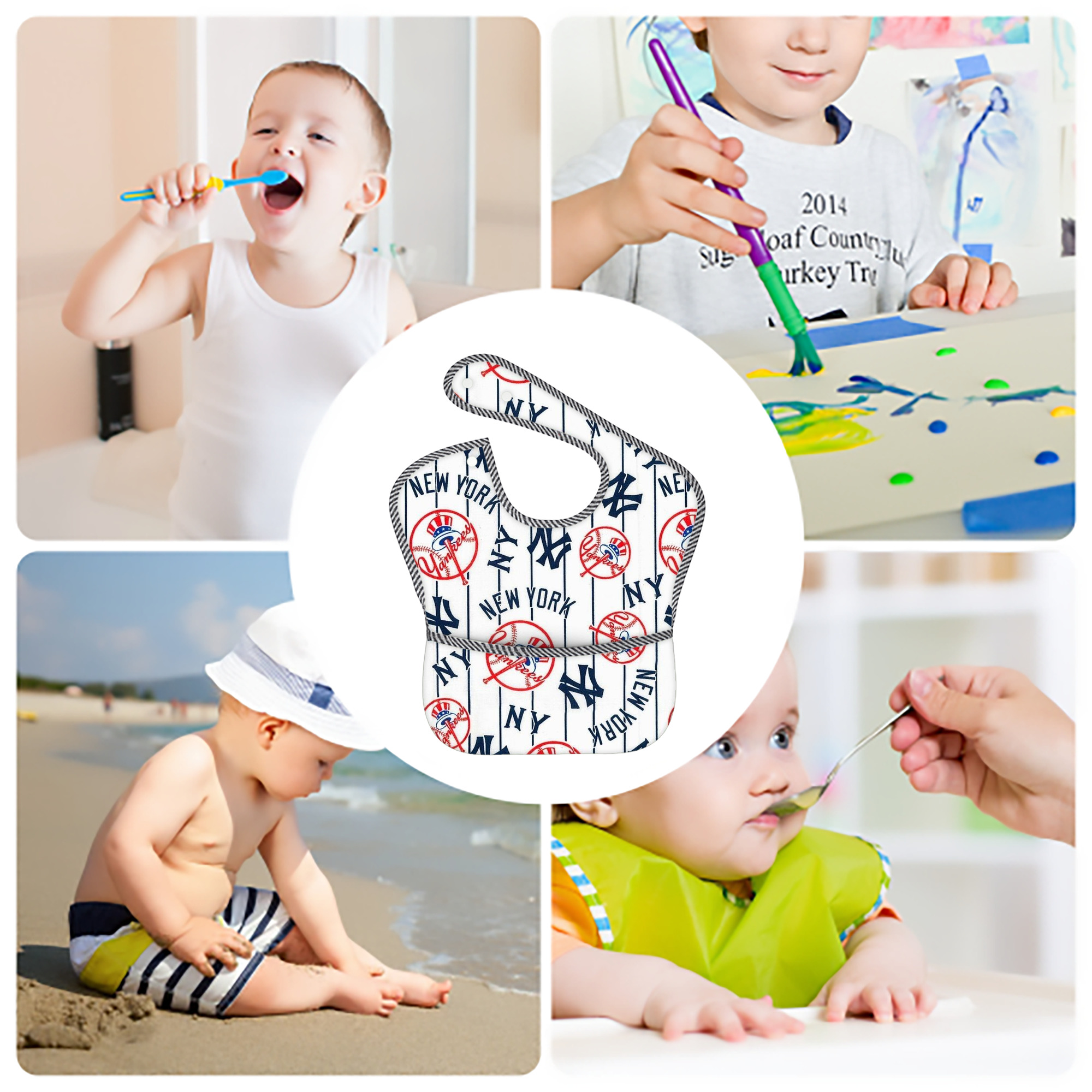 New York Yankees 219 Adjustable Waterproof Toddler Bib – Full-Print Durable Polyester – Foldable Crumb Pocket – Easy Snap Closure – Soft