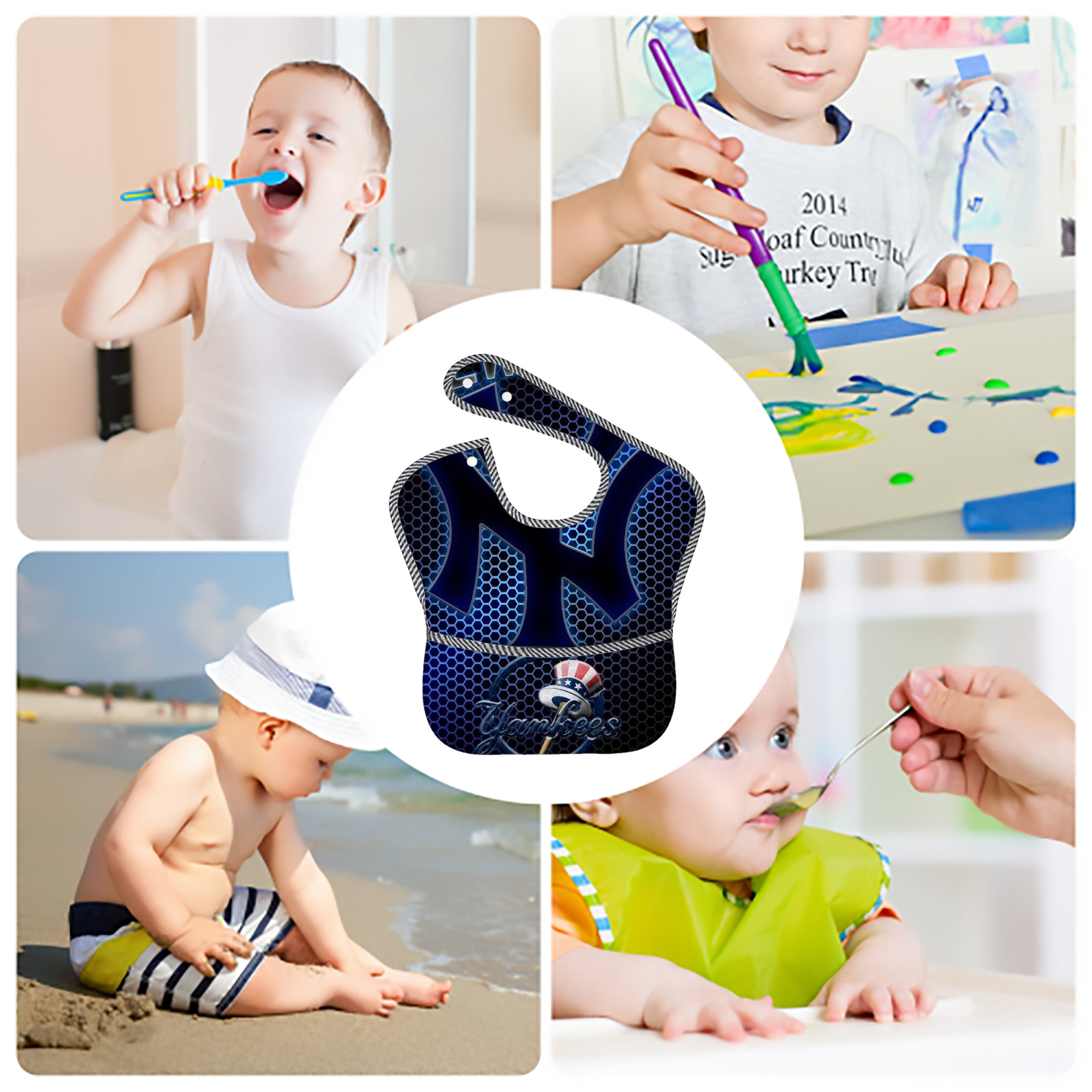 New York Yankees 319 Adjustable Waterproof Toddler Bib – Full-Print Durable Polyester – Foldable Crumb Pocket – Easy Snap Closure – Soft