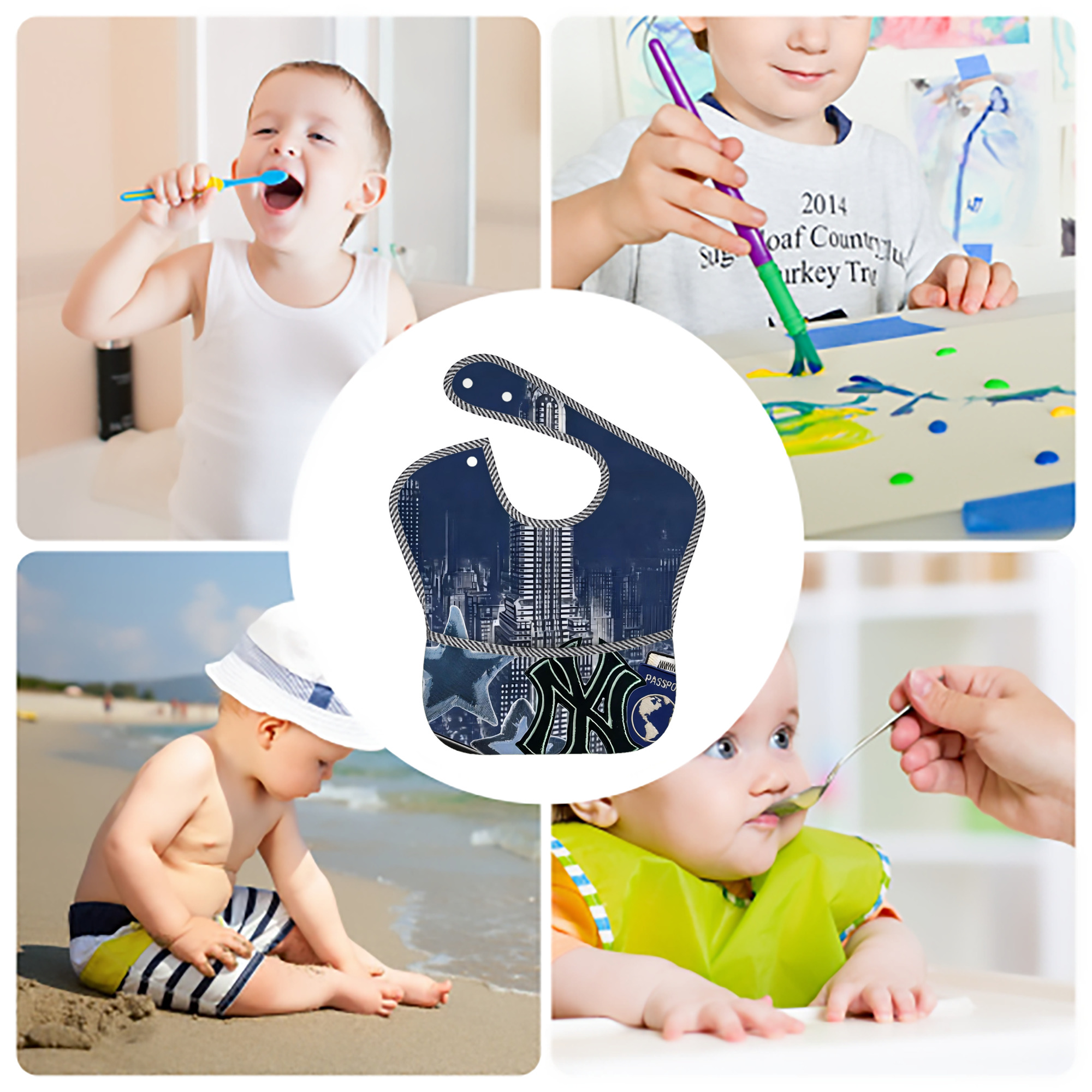 New York Yankees 331 Adjustable Waterproof Toddler Bib – Full-Print Durable Polyester – Foldable Crumb Pocket – Easy Snap Closure – Soft