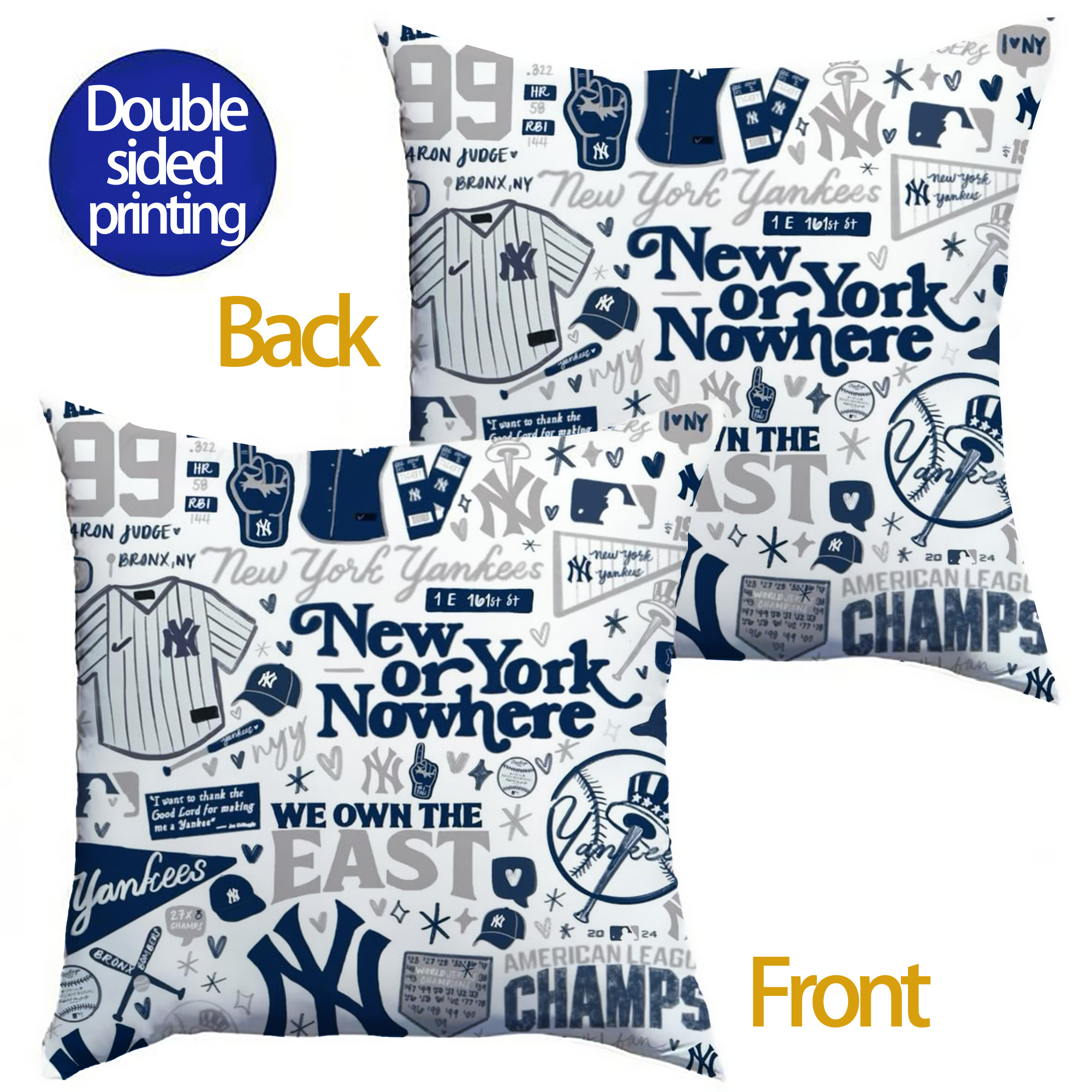 New York Yankees 113 Soft Polyester Pillow Cover With Insert – Double-Sided Design, Invisible Zipper, Durable & Breathable – Easy Care Cushion Set