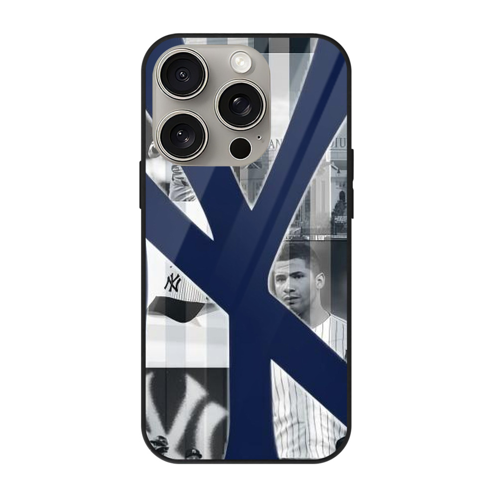 New York Yankees 135 IPhone 15 Pro Mirror Phone Case – UV Printed Glass + TPU – Scratch-Resistant, Wireless Charging Compatible, Precise Fit & Stylish Design