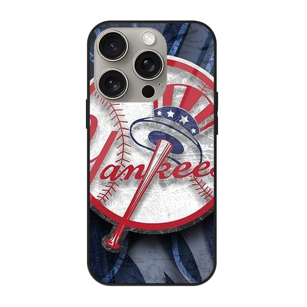 New York Yankees 190 IPhone 15 Pro Mirror Phone Case – UV Printed Glass + TPU – Scratch-Resistant, Wireless Charging Compatible, Precise Fit & Stylish Design