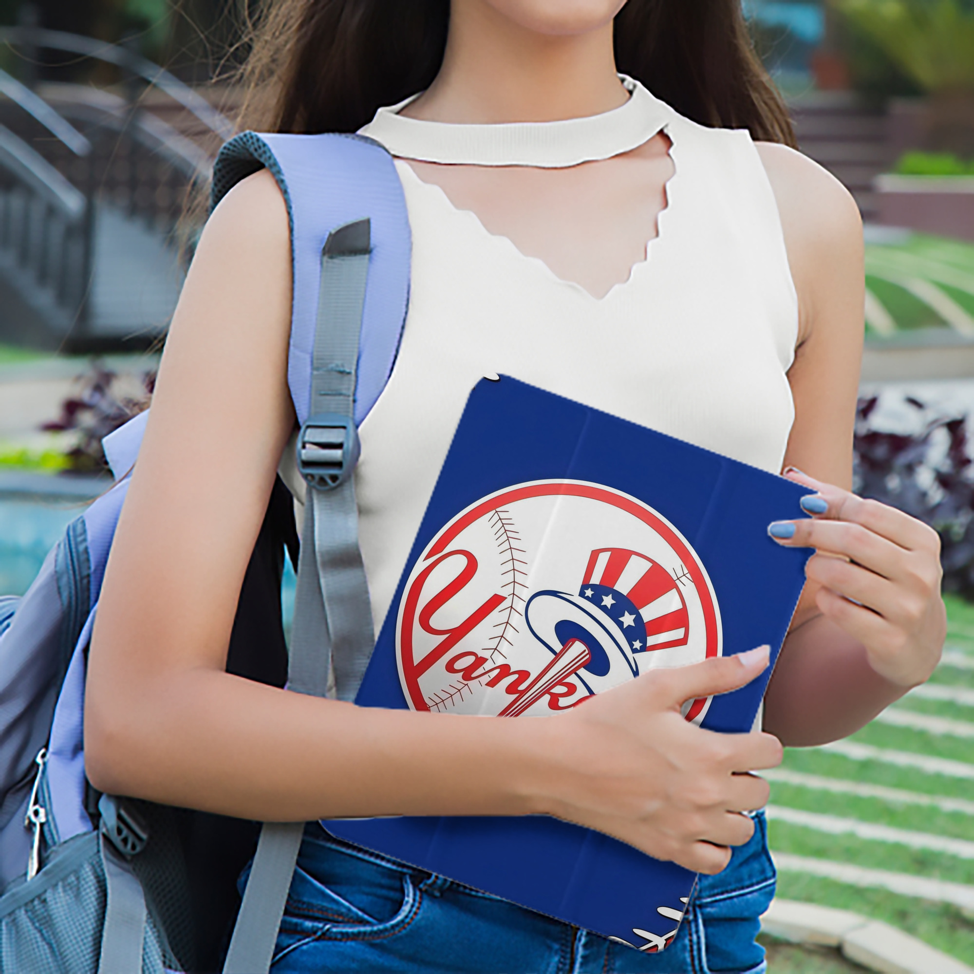 New York Yankees 203 Premium Tri-Fold PU Leather & Silicone IPad Case With Pencil Slot – Fits 9.5,10.5,10.9 – Adjustable Stand, Slim, Protective