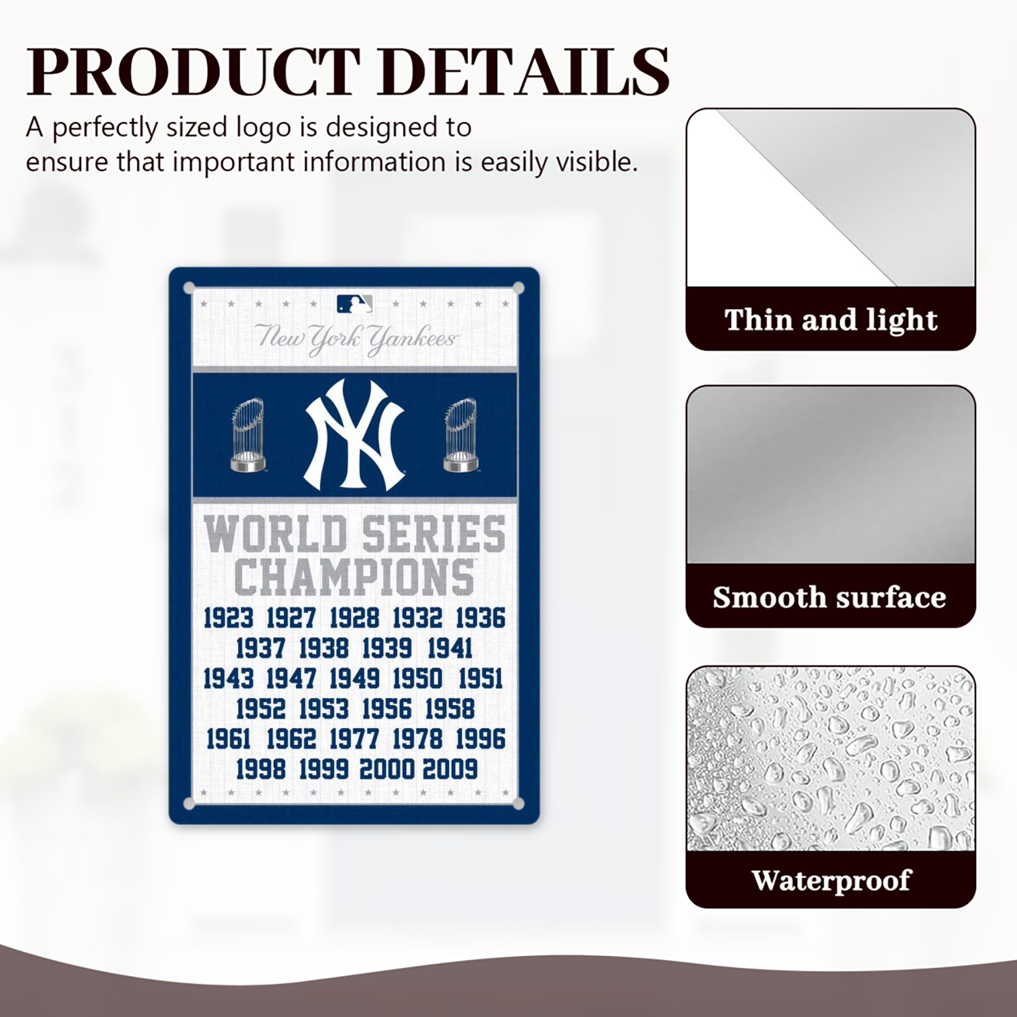 New York Yankees WS Champions Years 8x12inch Vertical Aluminum Sign - Durable Fade-Resistant Indoor/Outdoor Safety & Information Plaque For Office, Hotel, Restaurant, Bar, Public Spaces