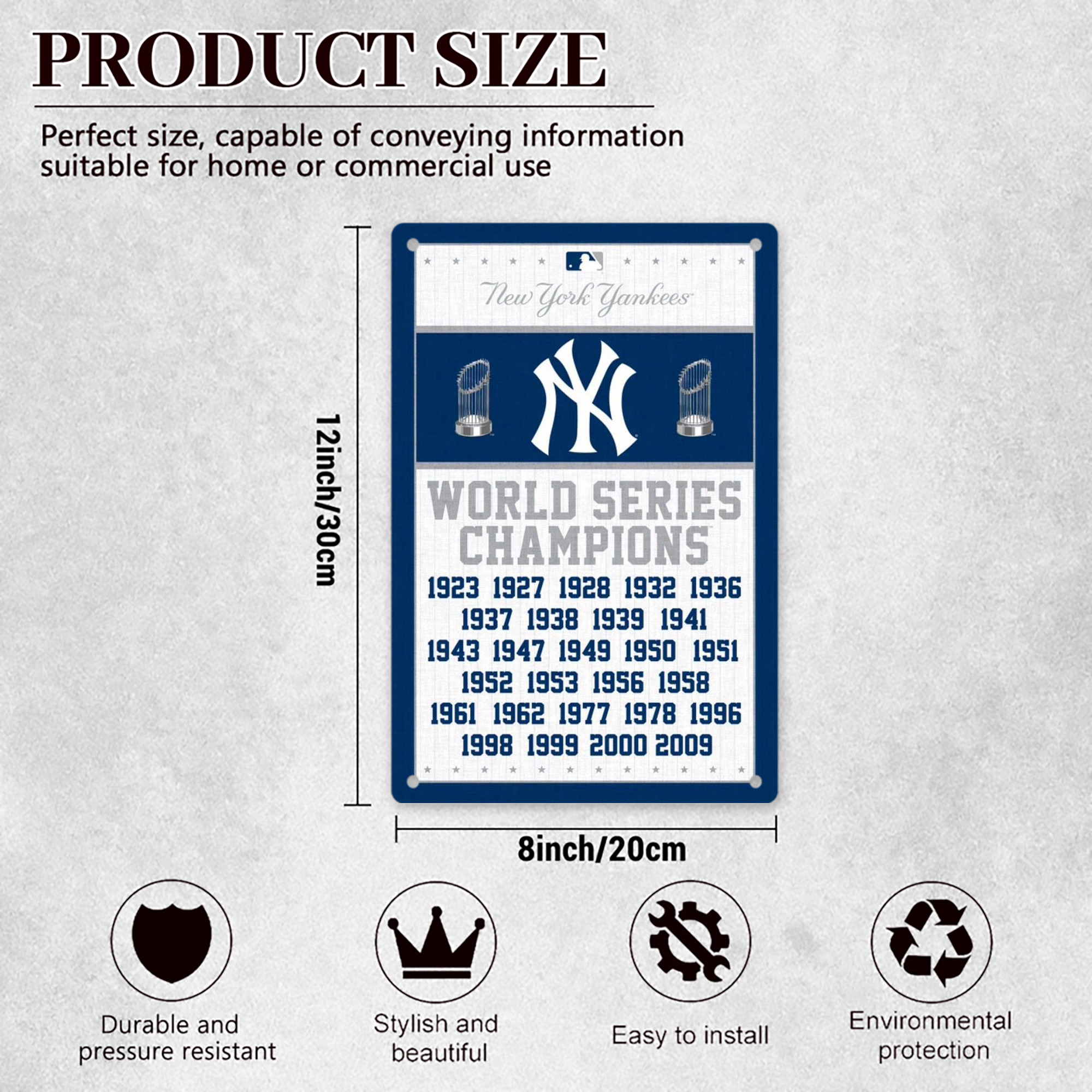 New York Yankees WS Champions Years 8x12inch Vertical Aluminum Sign - Durable Fade-Resistant Indoor/Outdoor Safety & Information Plaque For Office, Hotel, Restaurant, Bar, Public Spaces