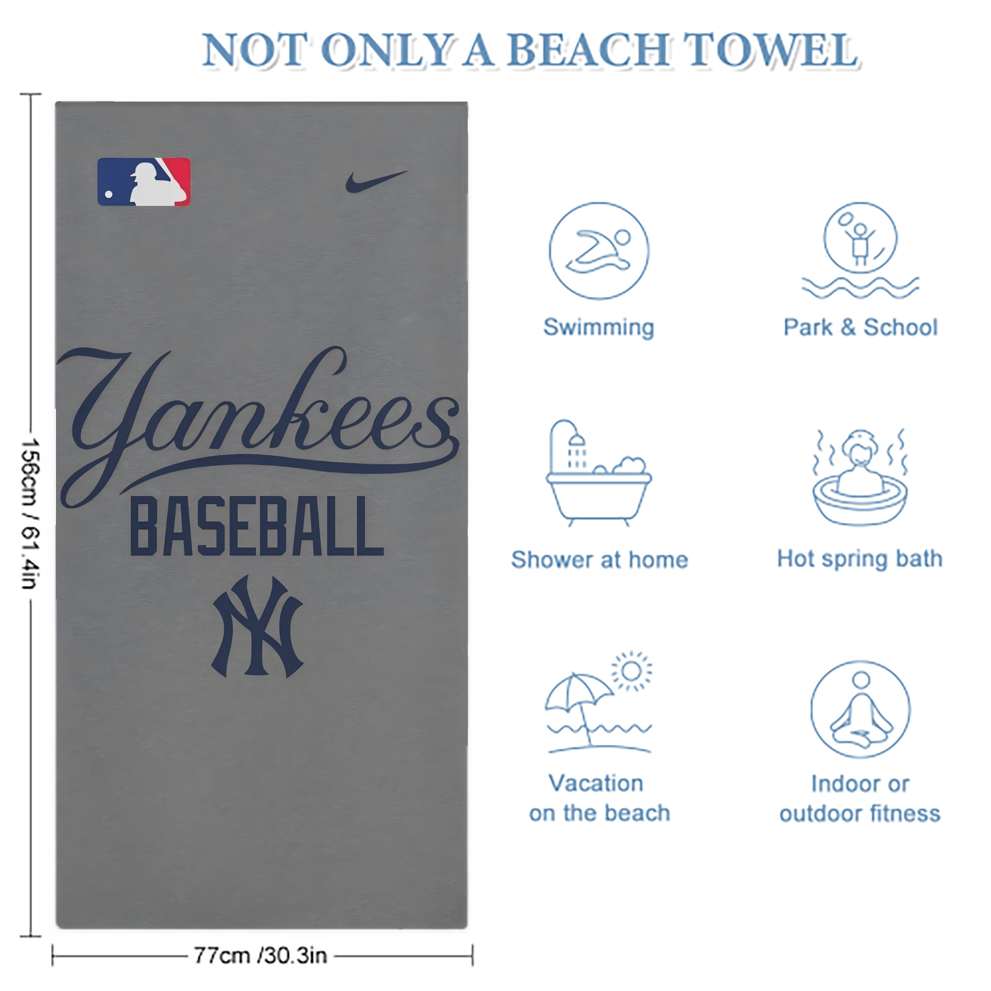 New York Yankees 147 Premium Microfiber Beach Towel – Soft, Large Size, Multi-Purpose For Beach, Picnic & Kids, Lightweight & Portable With Carry Bag, Easy Care
