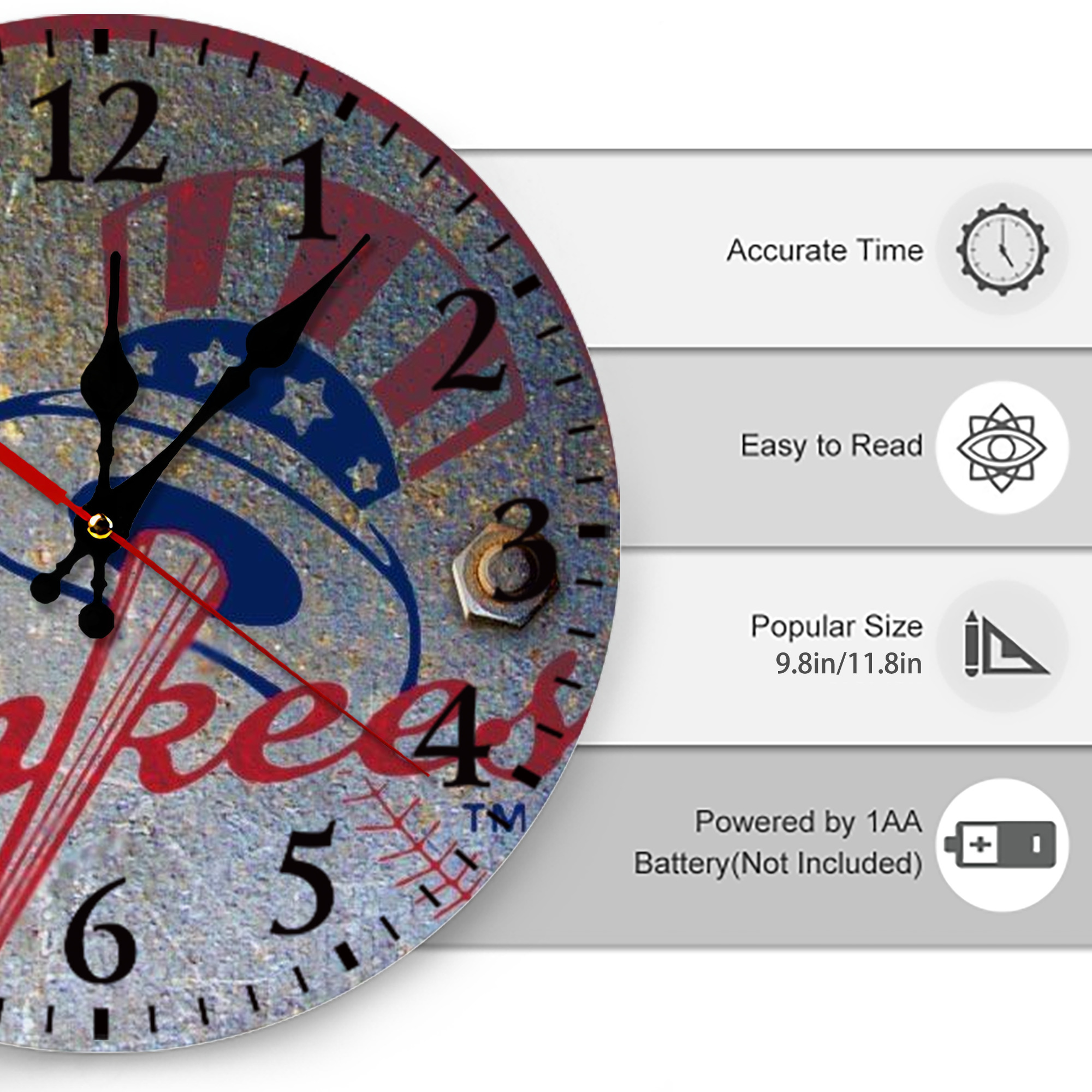 New York Yankees 112 Silent Round Wall Clock – Modern & Stylish DIY Design, Durable Wood Construction, Easy To Install – Perfect For Office, Bedroom, Living Room, And More